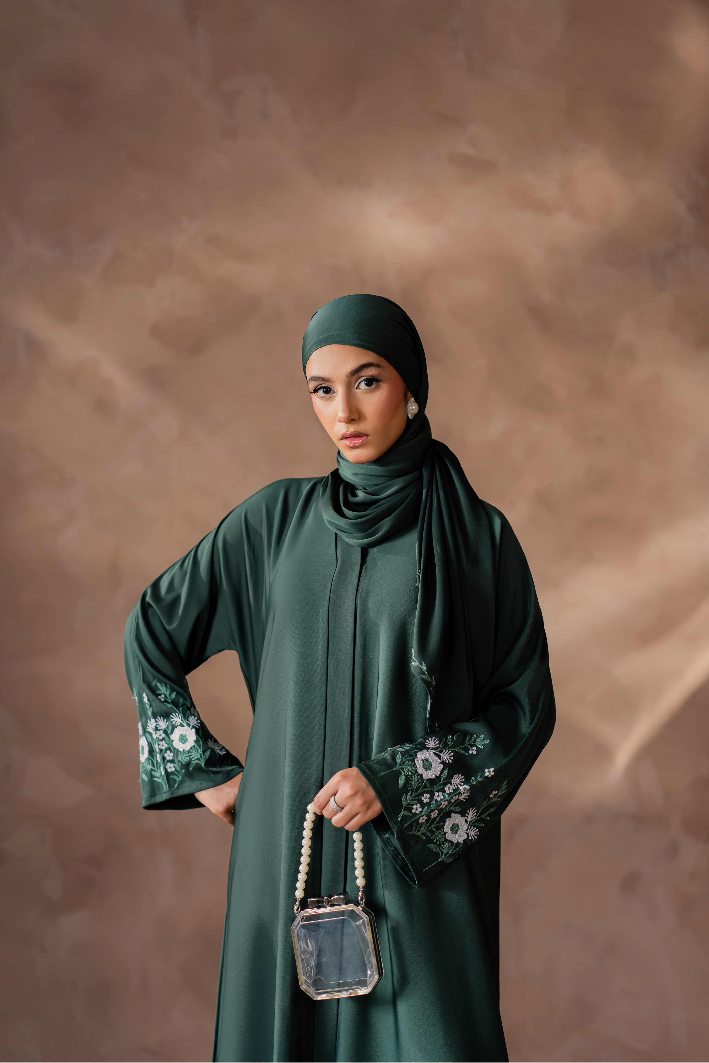 green nida front open abaya with matching hijab
