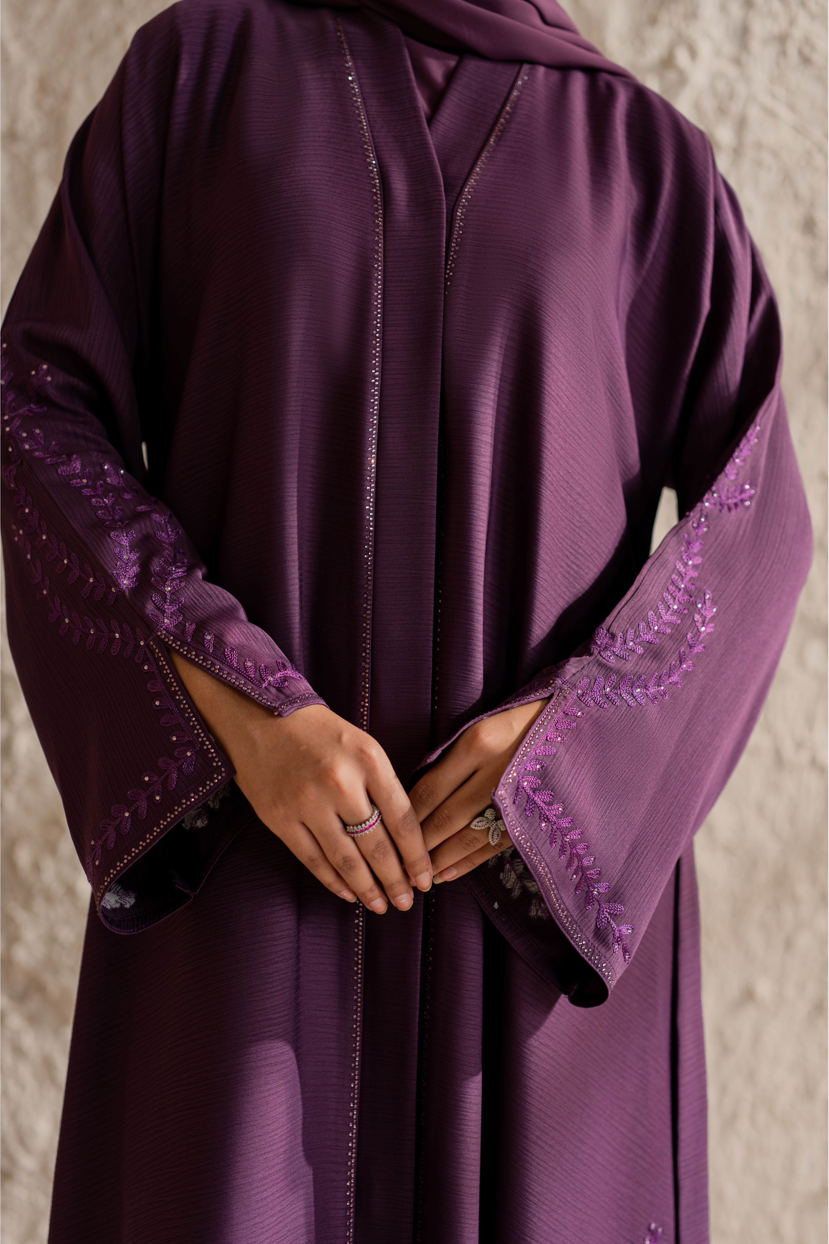 Purple nida front open abaya with matching hijab