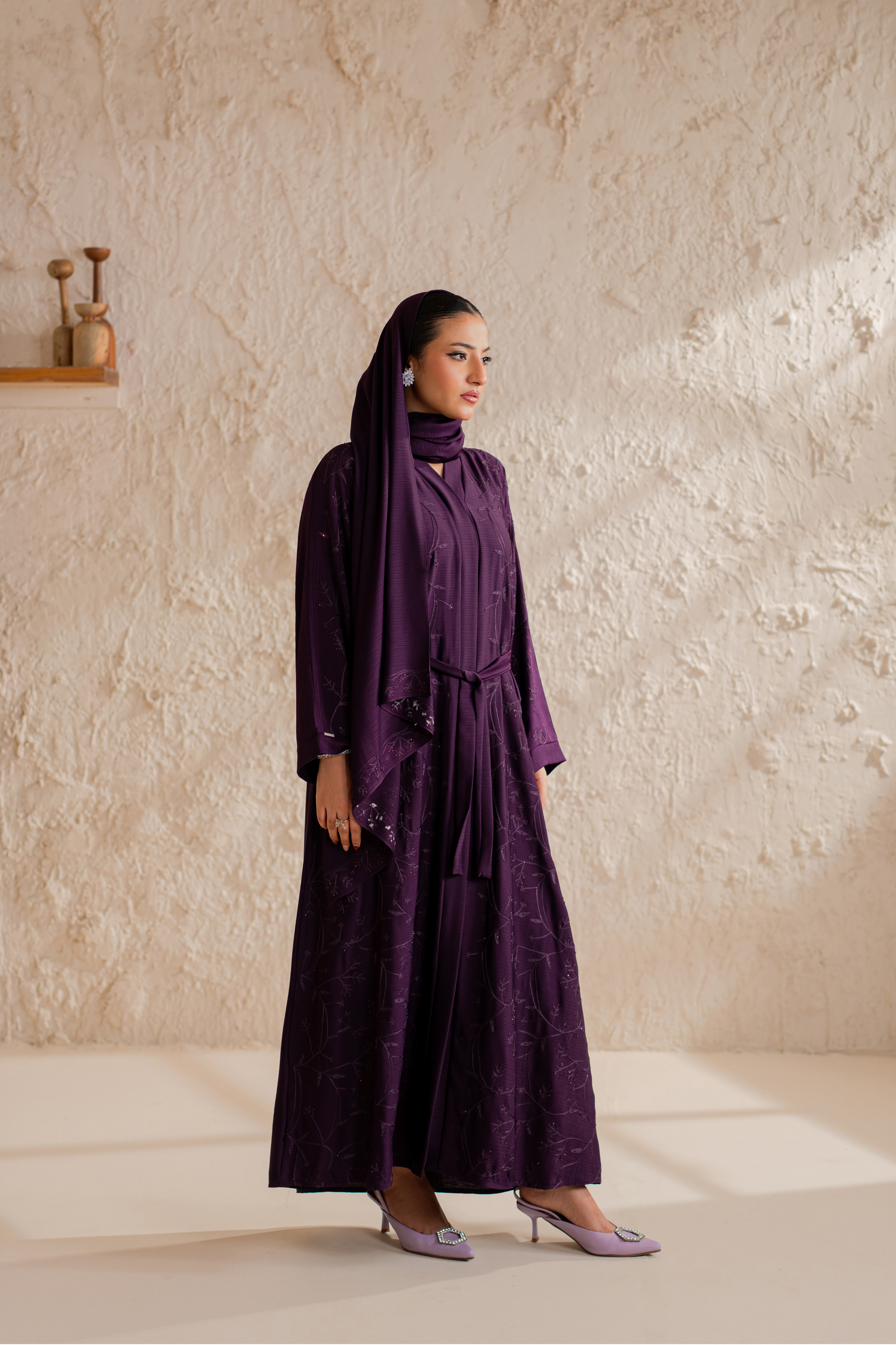 purple Embroidered front open abaya with matching Hijab