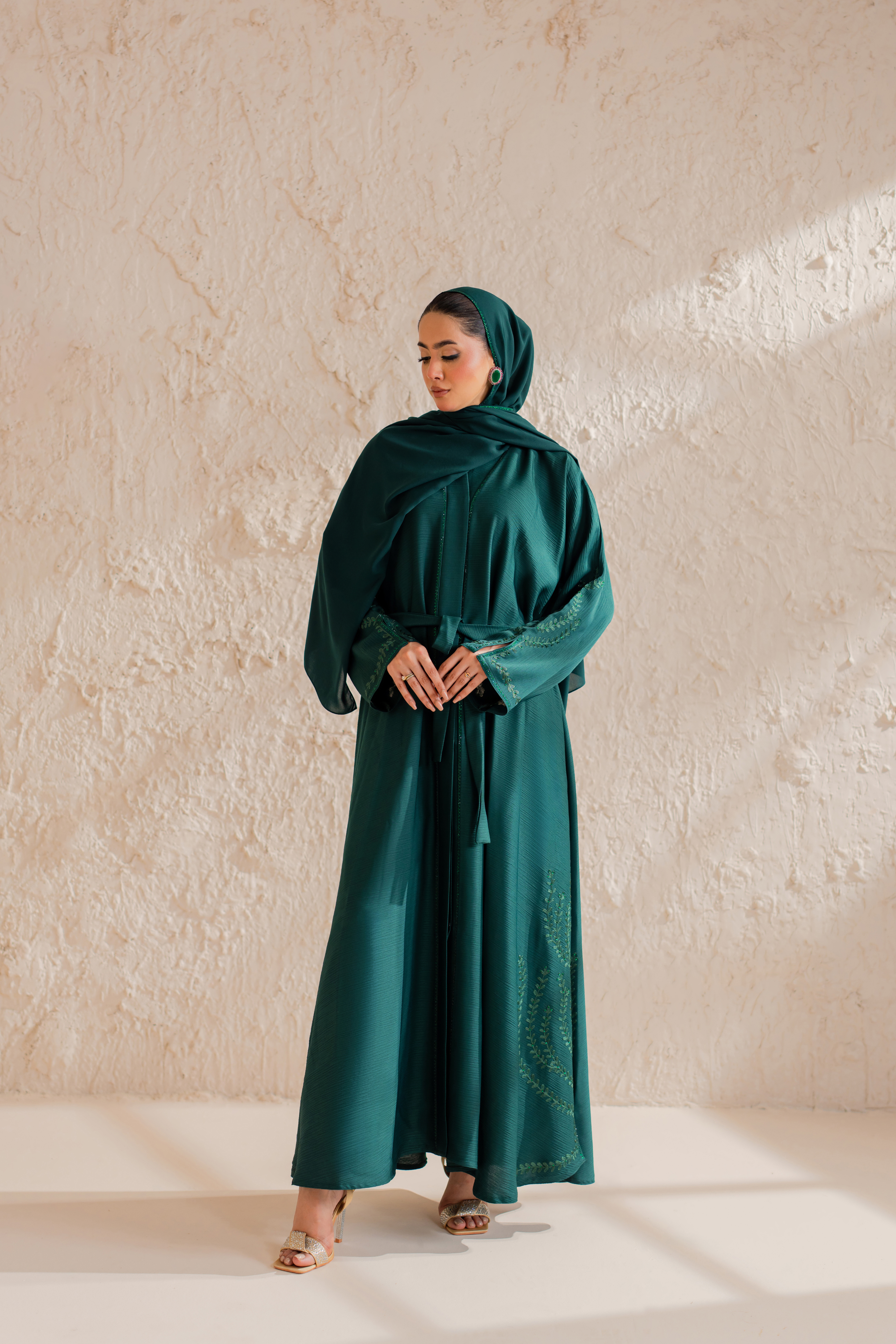 dark green nida front open abaya with matching hijab