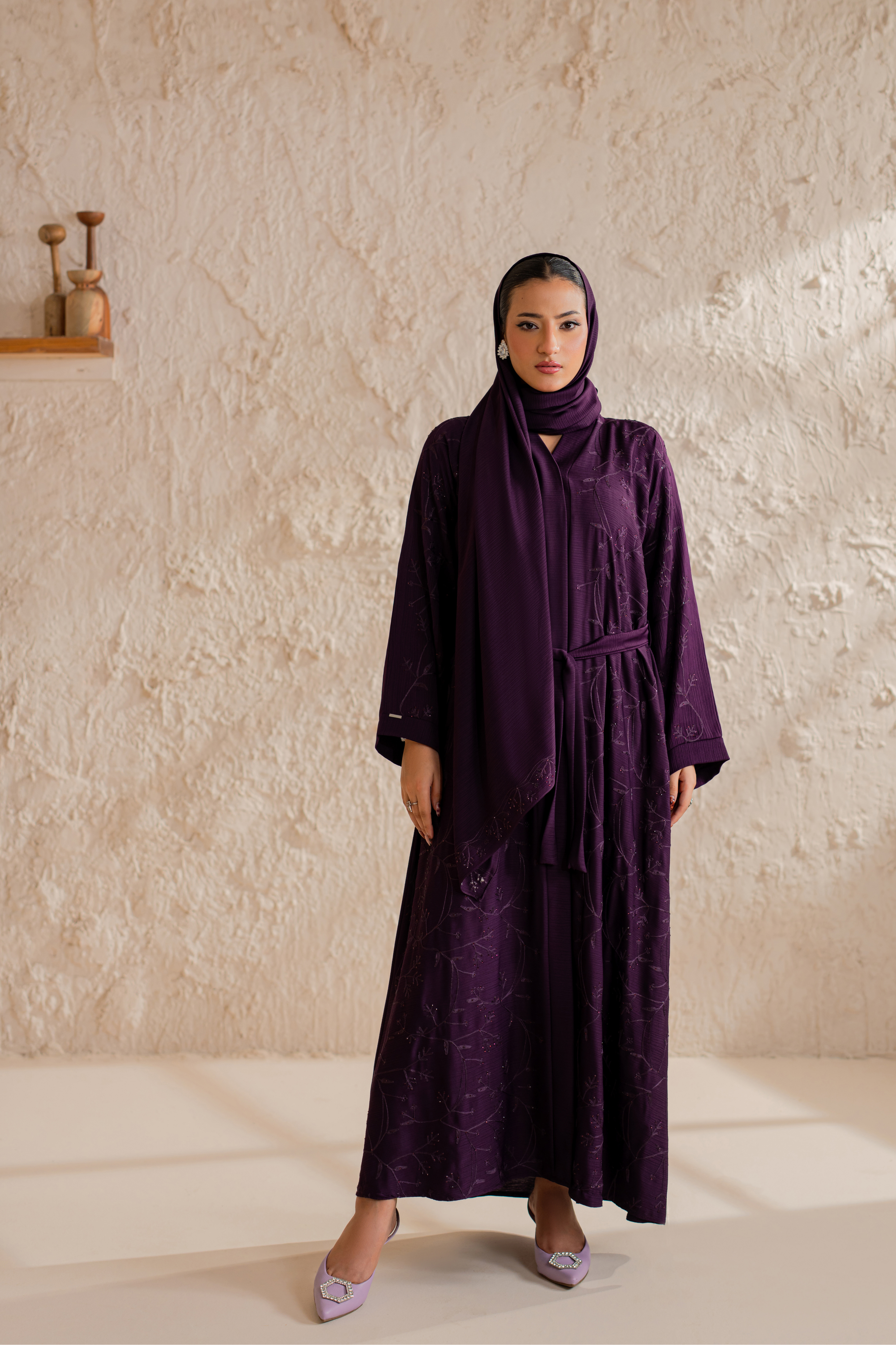 purple Embroidered front open abaya with matching Hijab