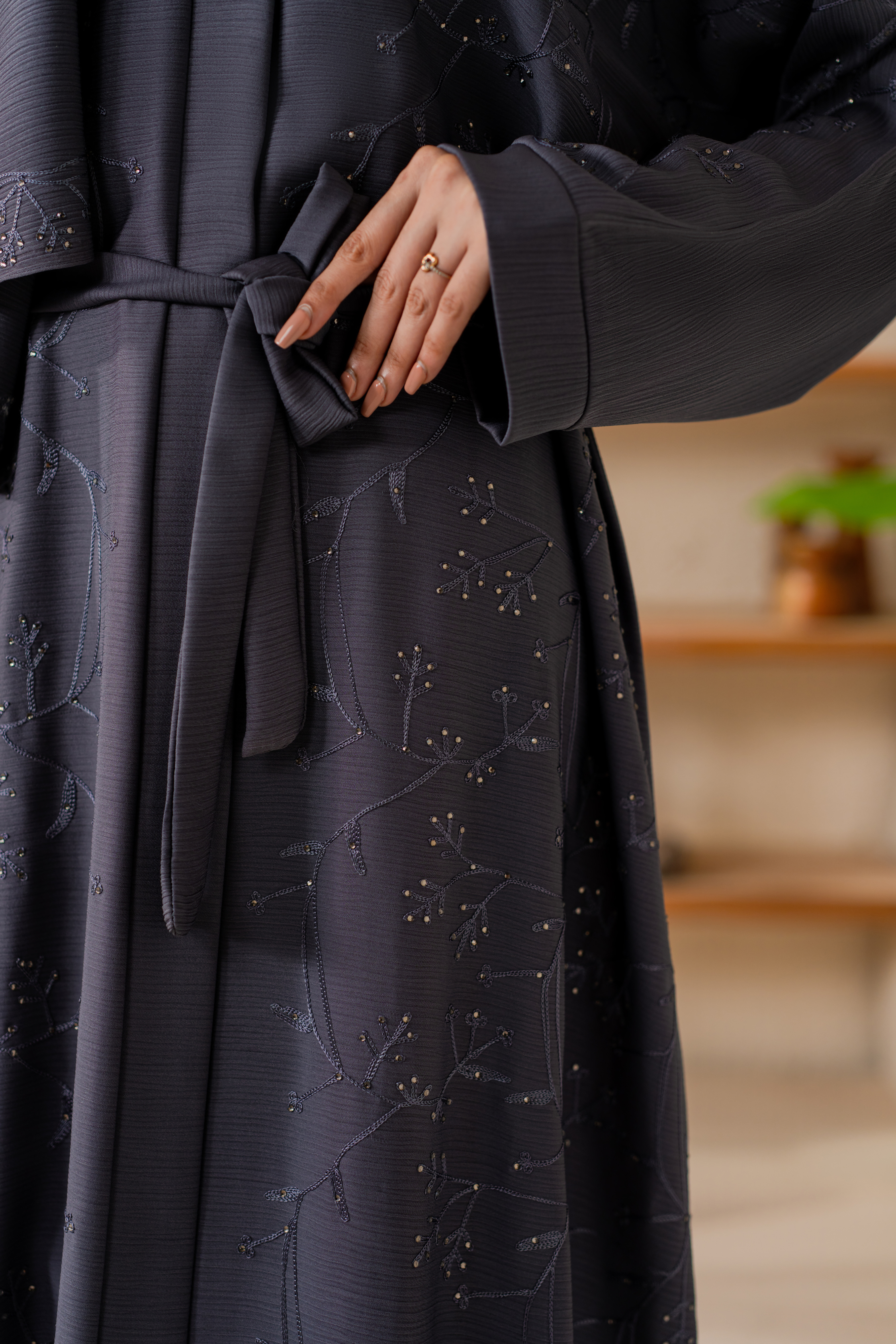 Gray Embroidered front open abaya with matching Hijab