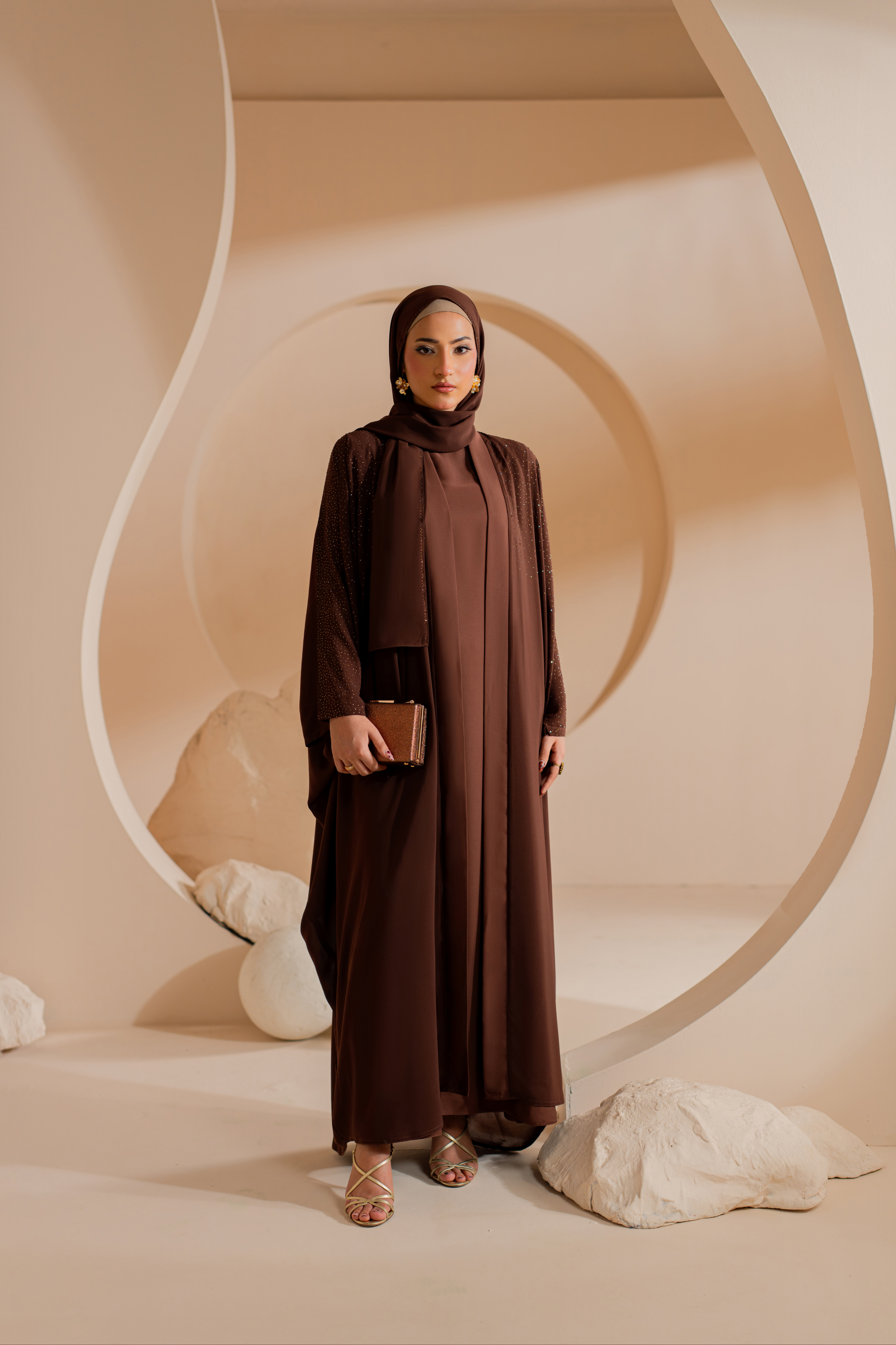copper 3 Set front open abaya with Matching Hijab