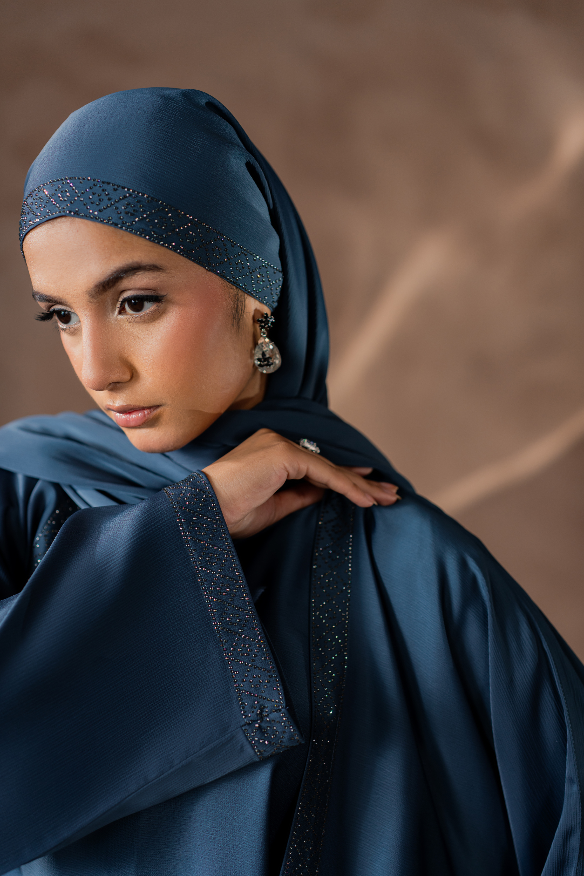 Blue Romantic Nida Front-Open Abaya with Inner, Handmade Stone Work & Matching Hijab