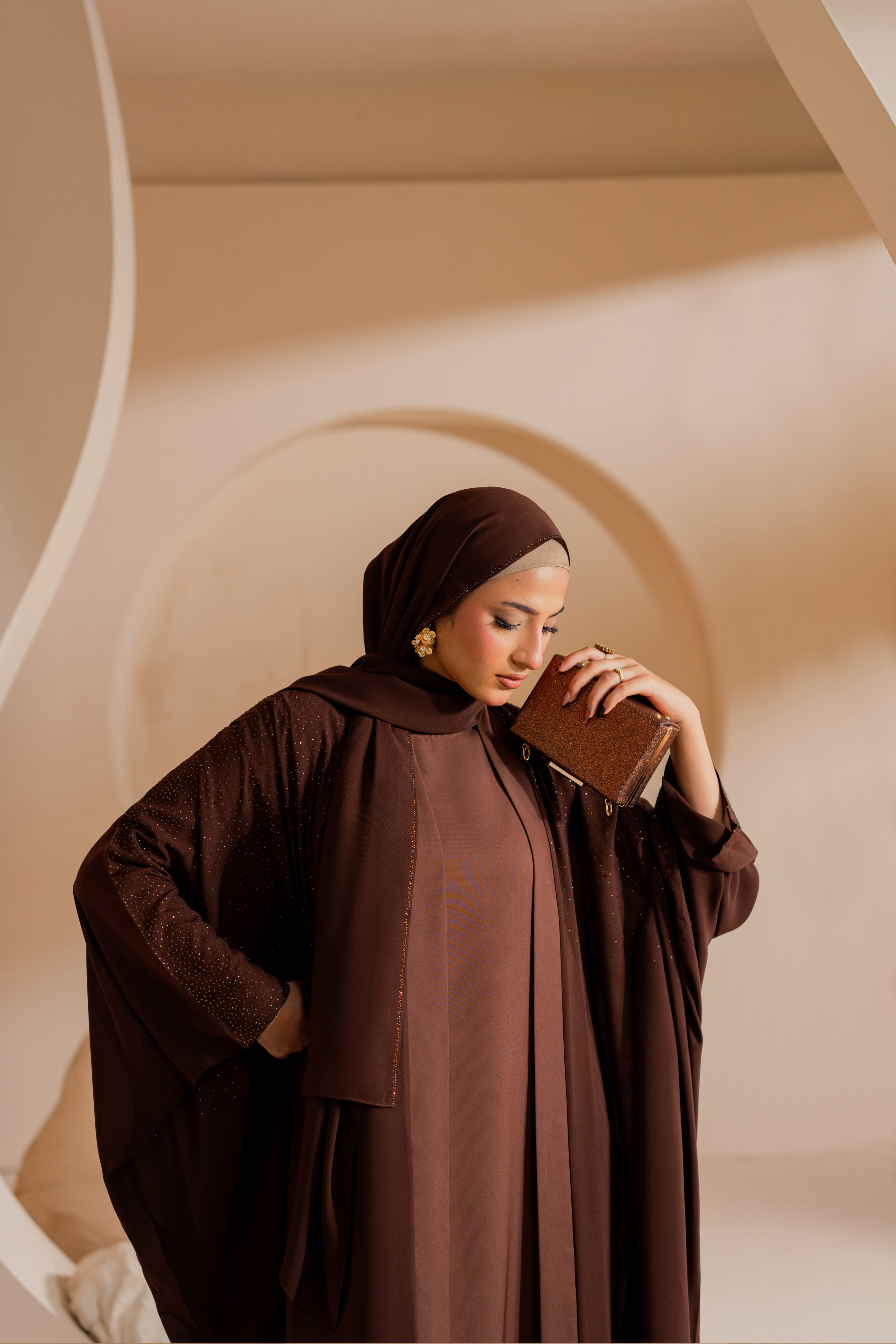 copper 3 Set front open abaya with Matching Hijab