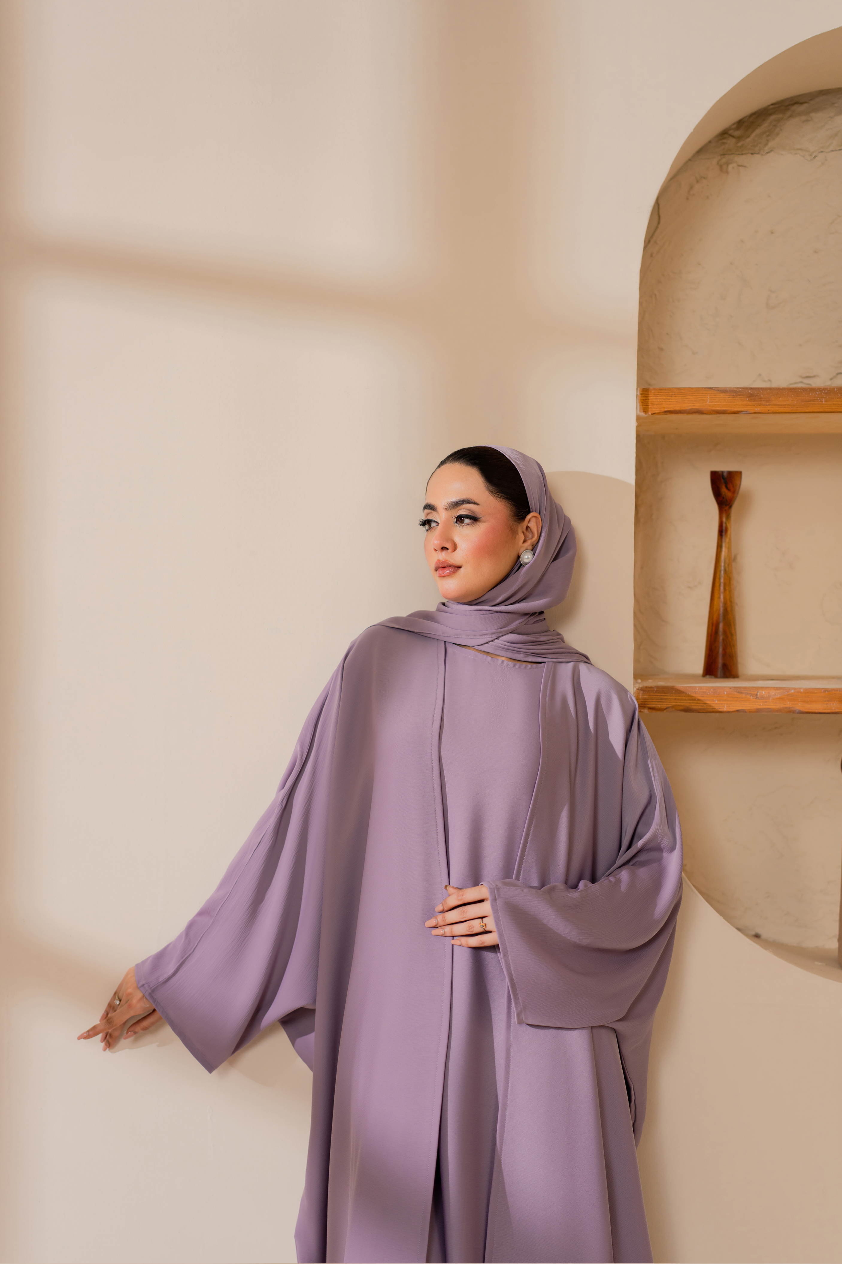 Purple front open nida abaya with matching hijab