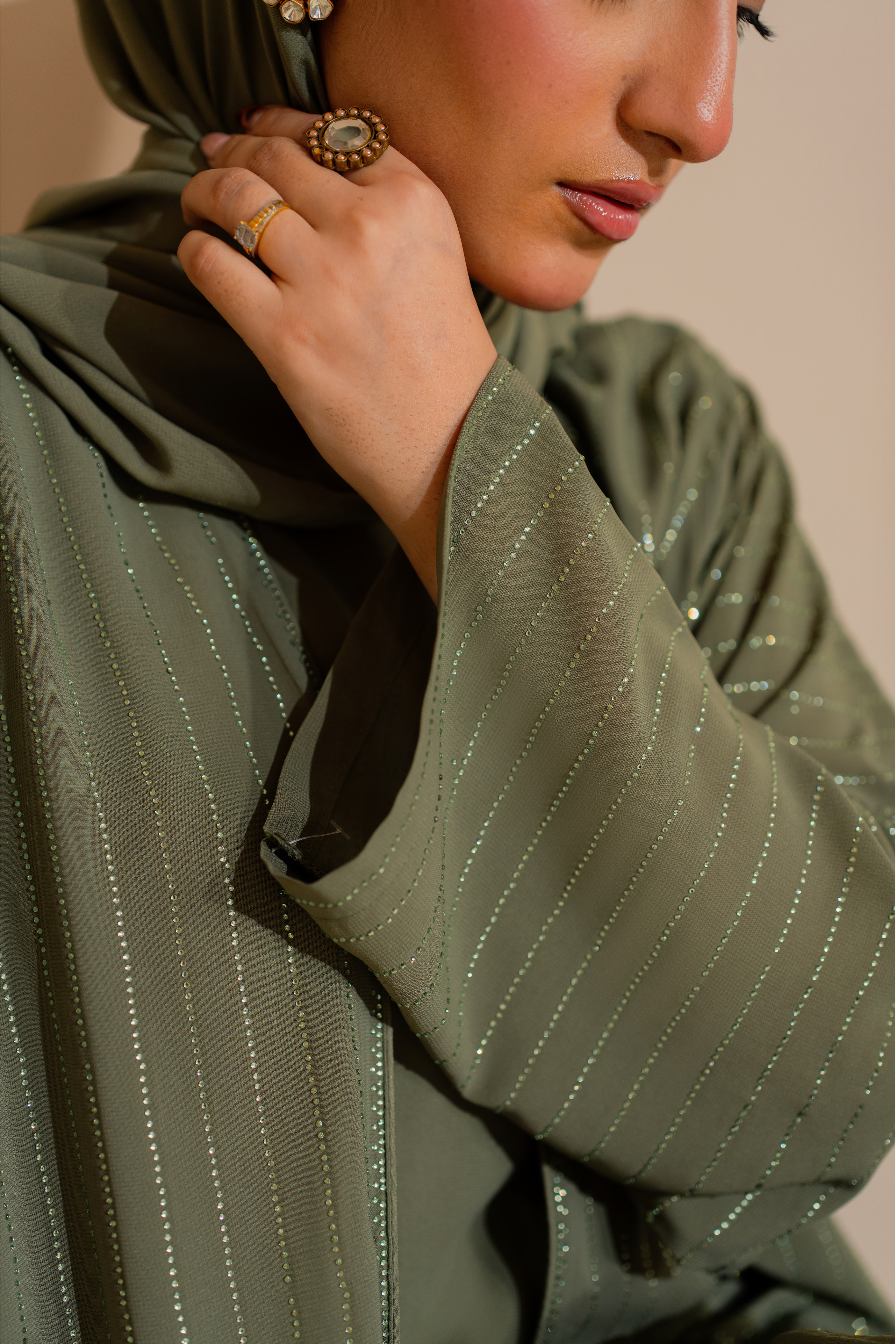 Green Chiffon Abaya with Handmade Stones and Matching Hijab