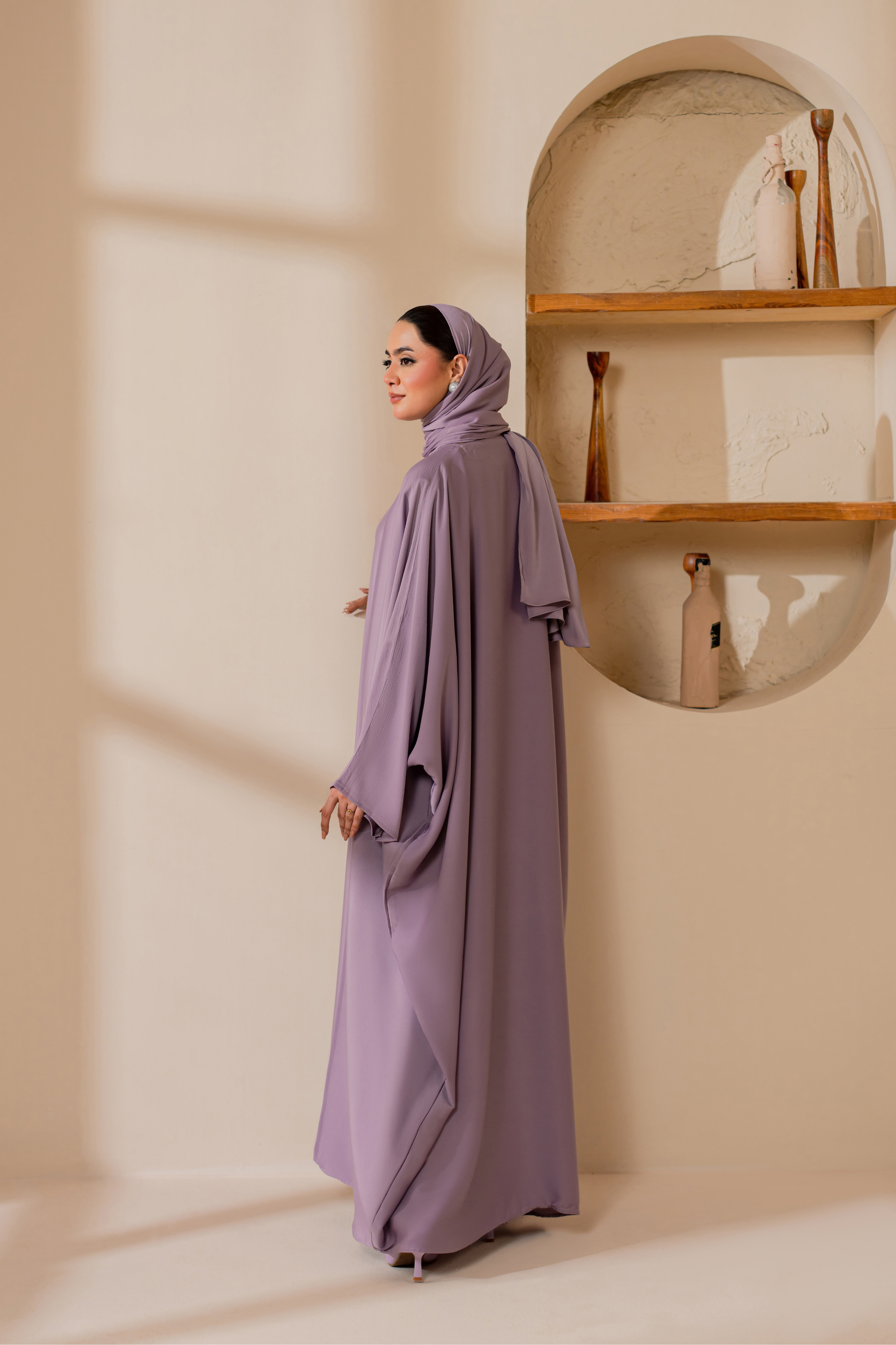 Purple front open nida abaya with matching hijab