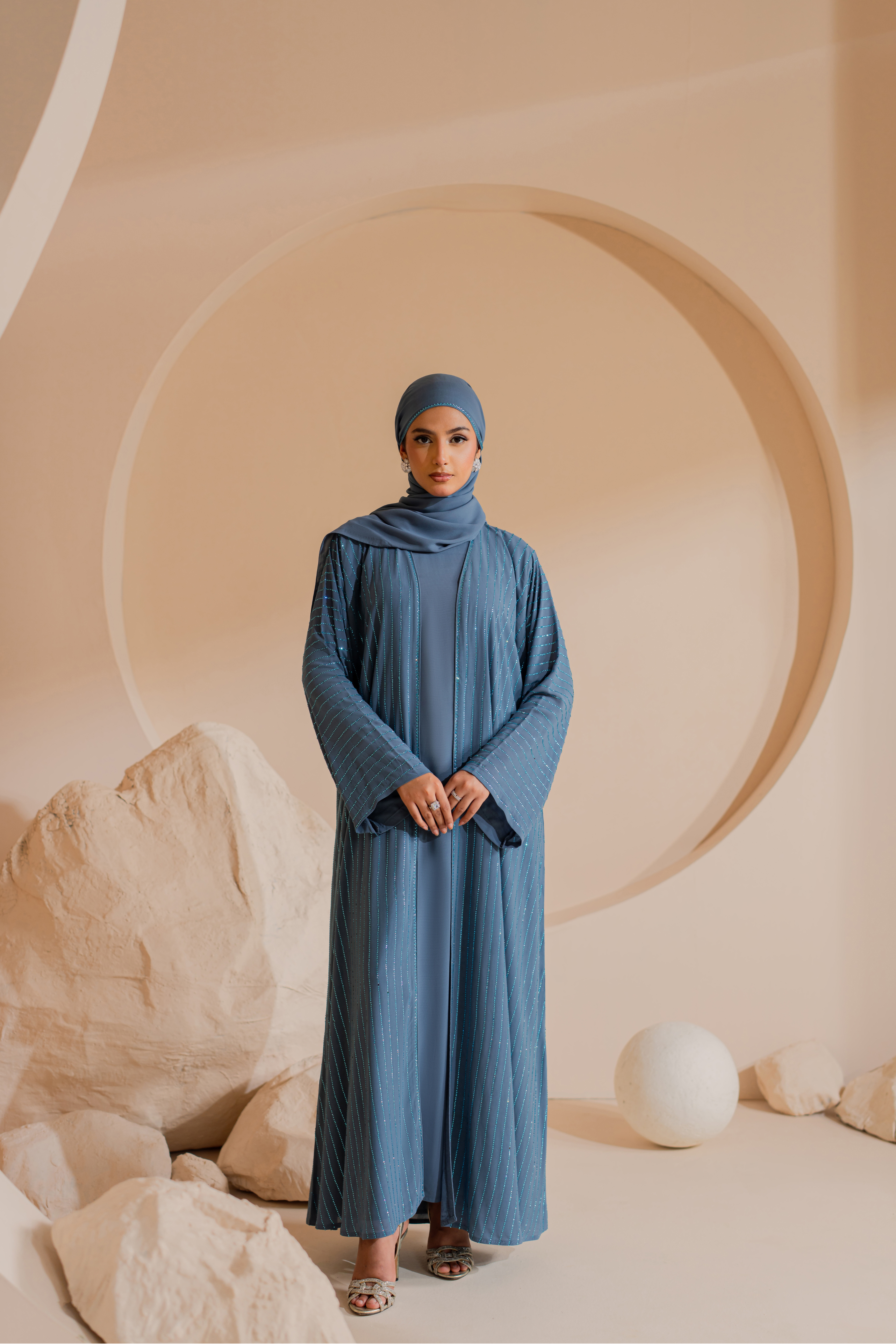 sky blue Abaya with Handmade Stones and Matching Hijab