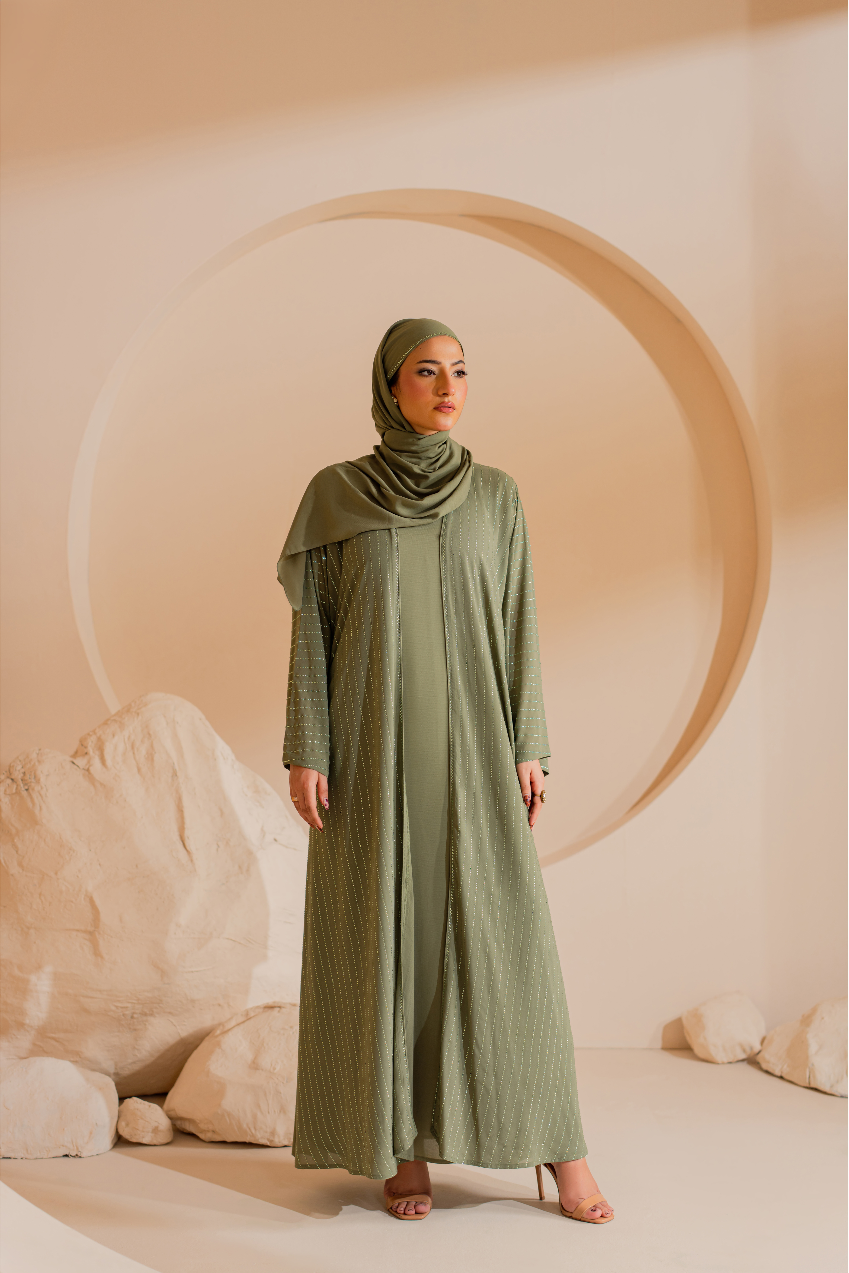 Green Chiffon Abaya with Handmade Stones and Matching Hijab