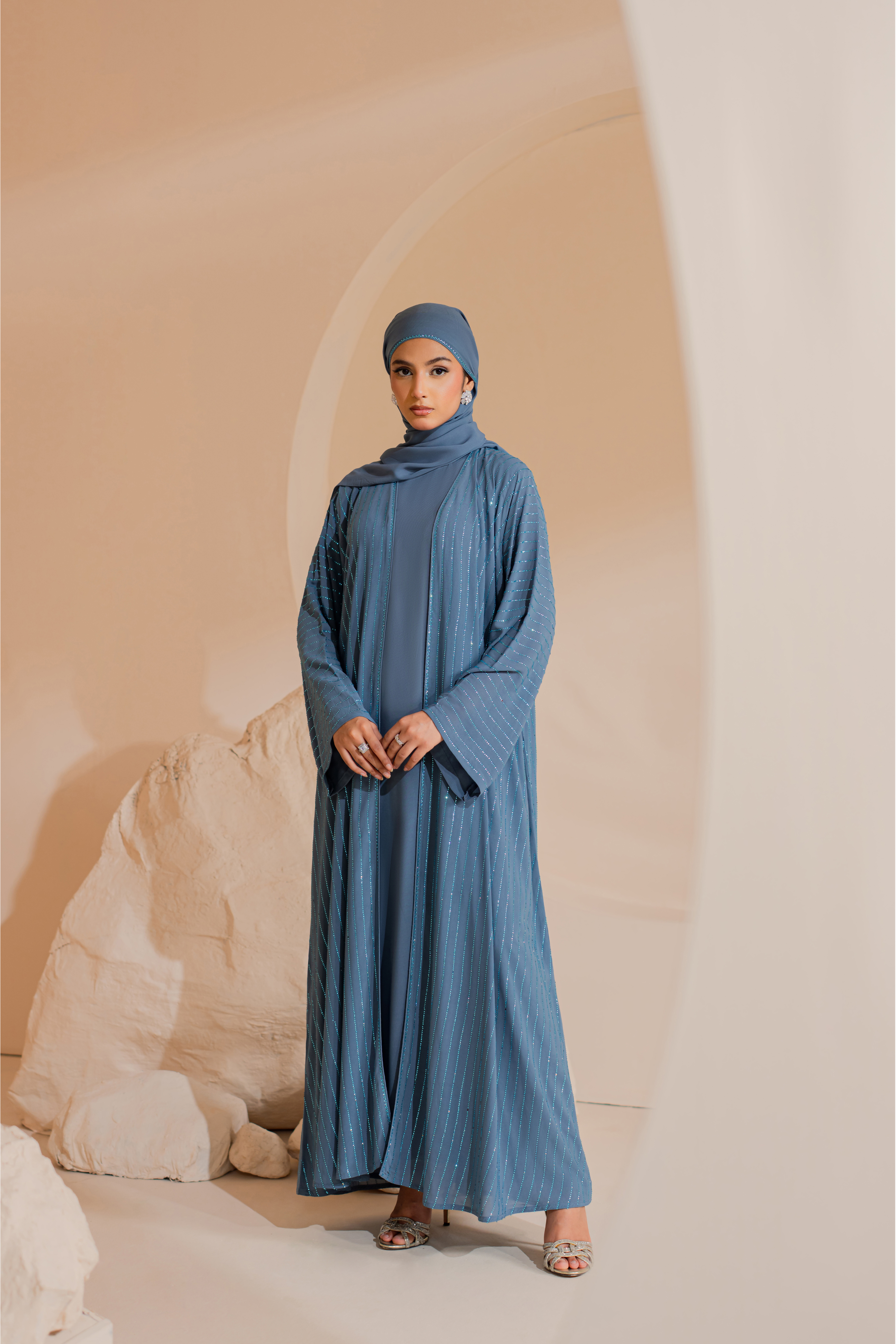 sky blue Abaya with Handmade Stones and Matching Hijab