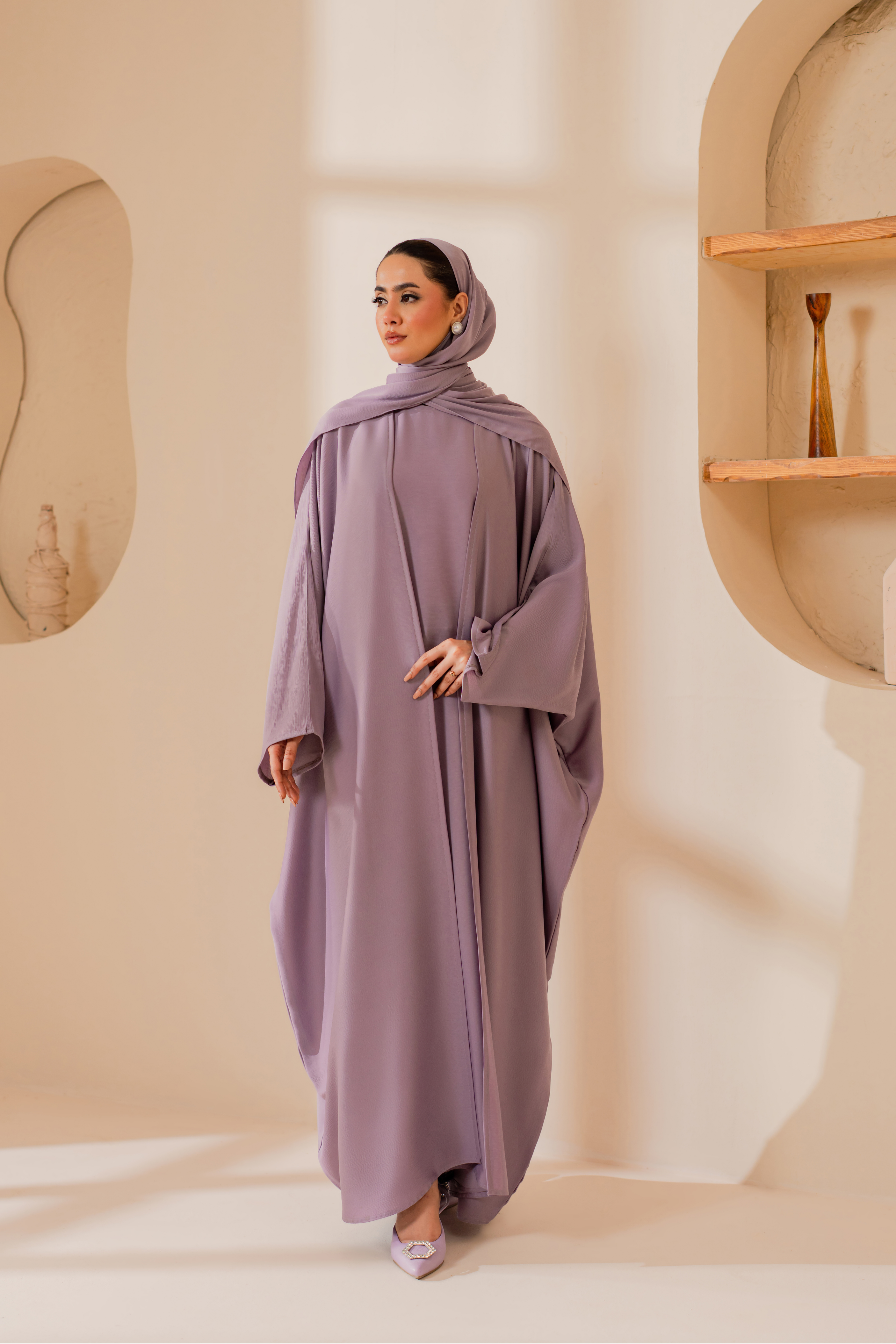Purple front open nida abaya with matching hijab