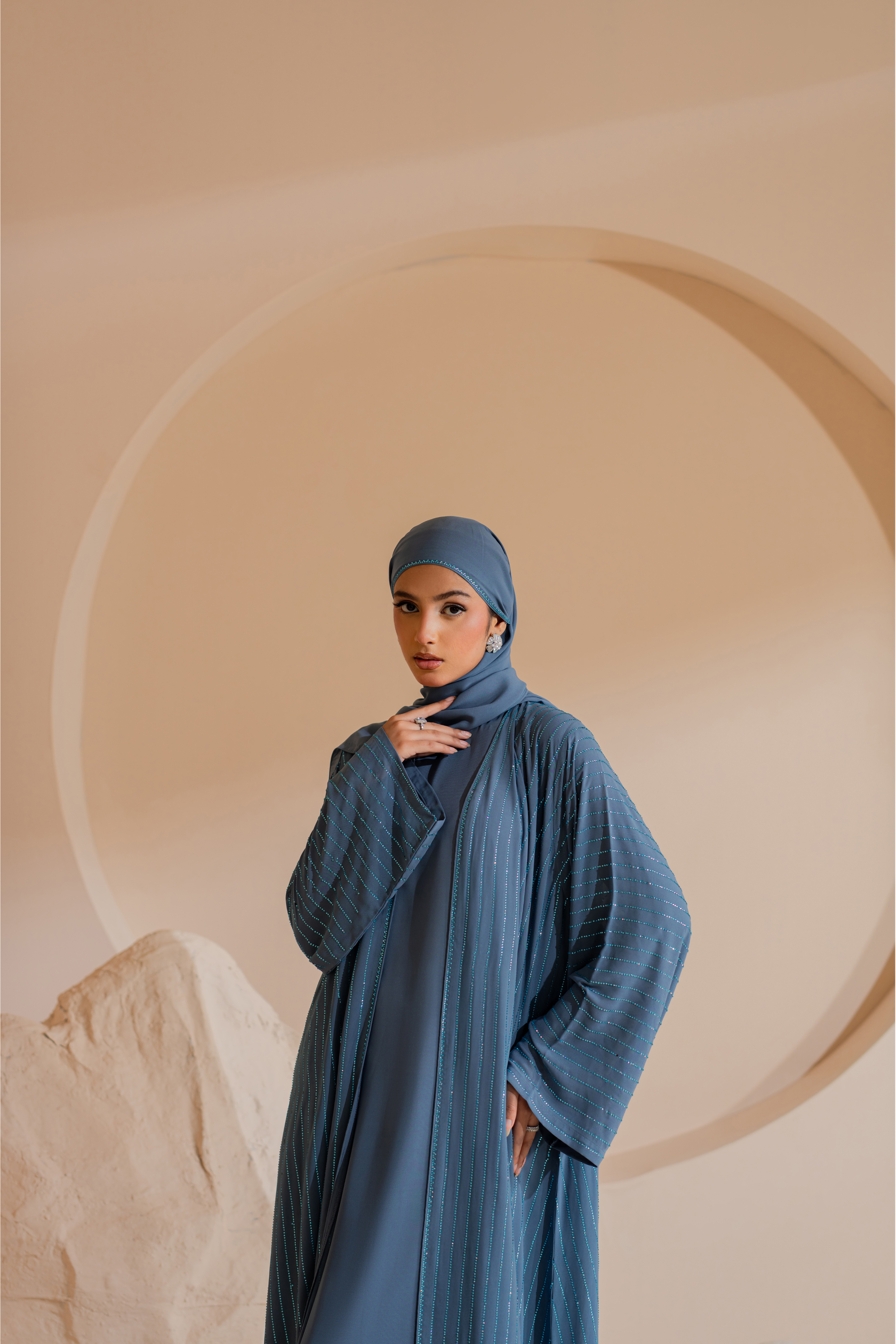 sky blue Abaya with Handmade Stones and Matching Hijab