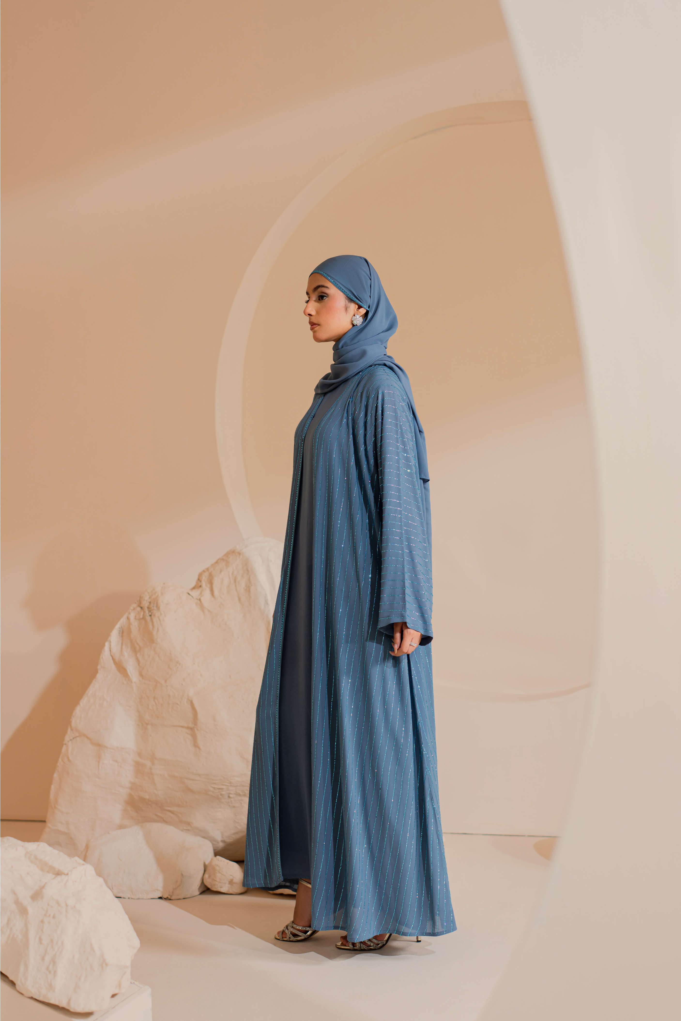 sky blue Abaya with Handmade Stones and Matching Hijab