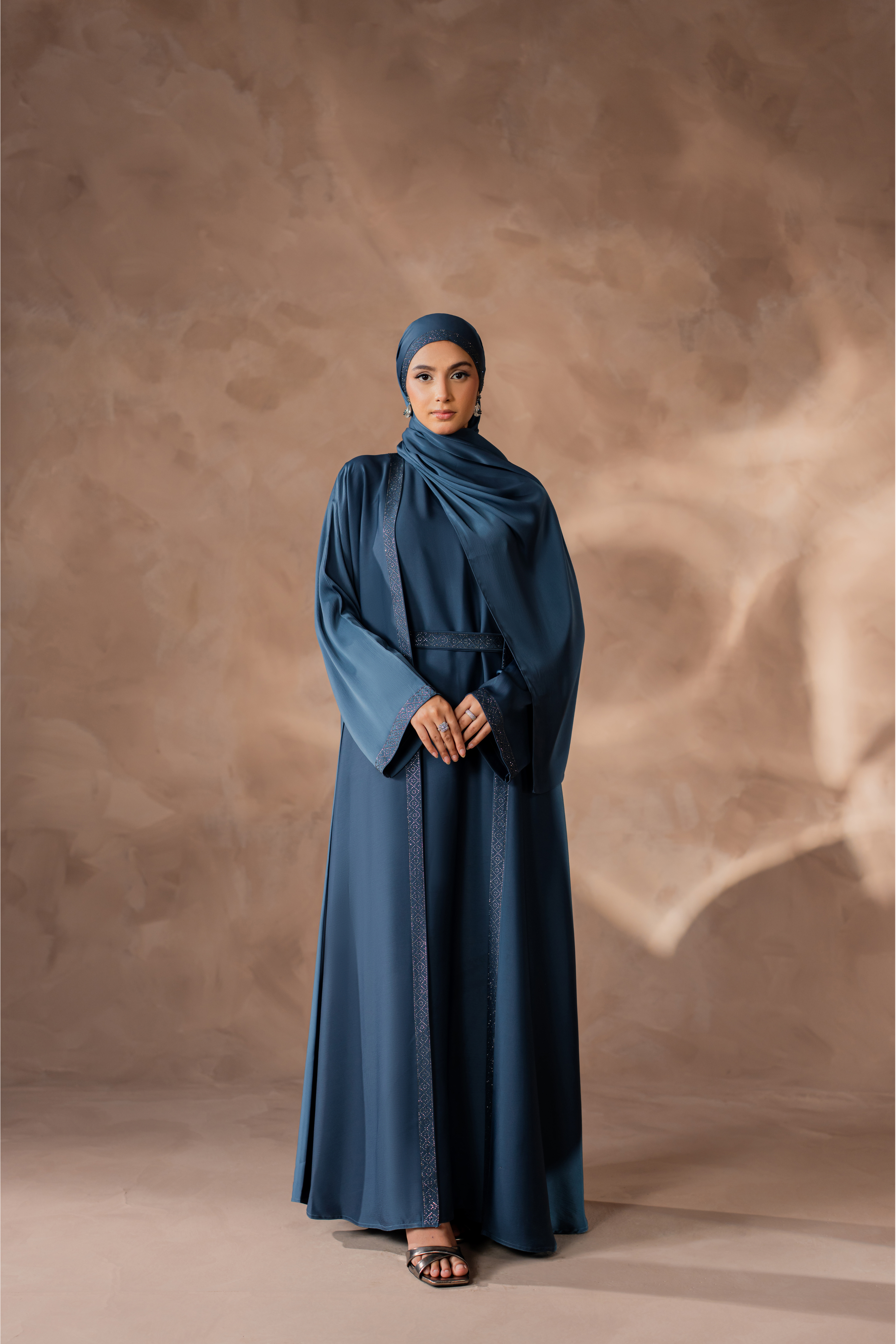 Blue Romantic Nida Front-Open Abaya with Inner, Handmade Stone Work & Matching Hijab