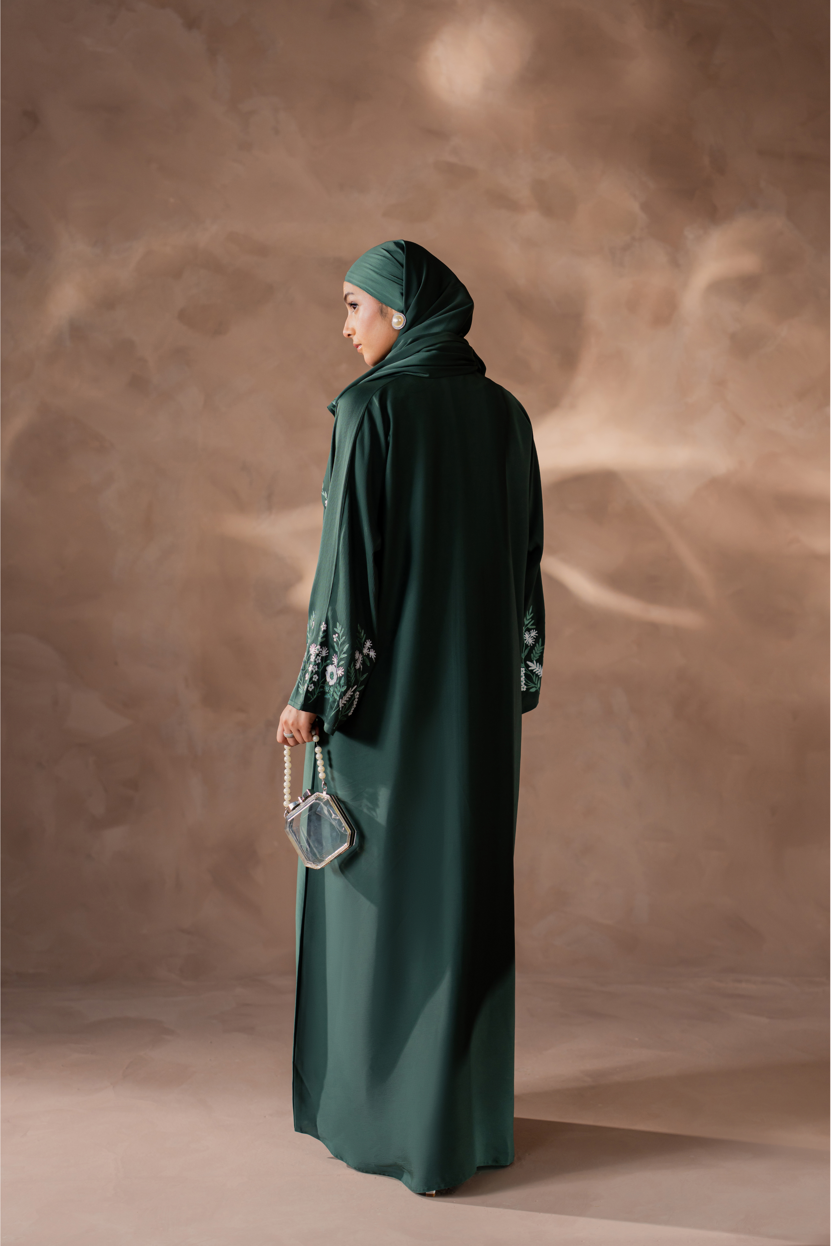 green nida front open abaya with matching hijab