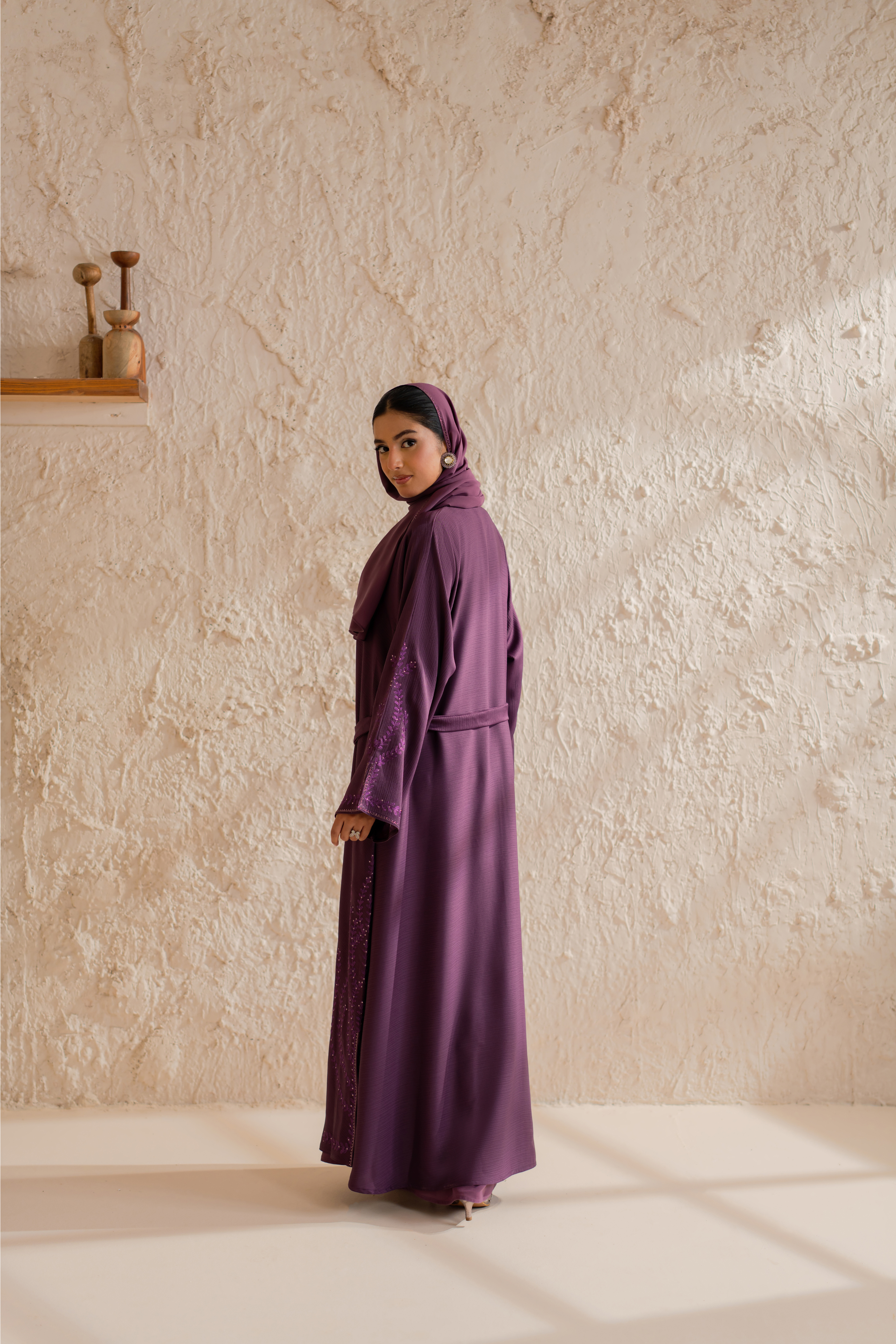 Purple nida front open abaya with matching hijab