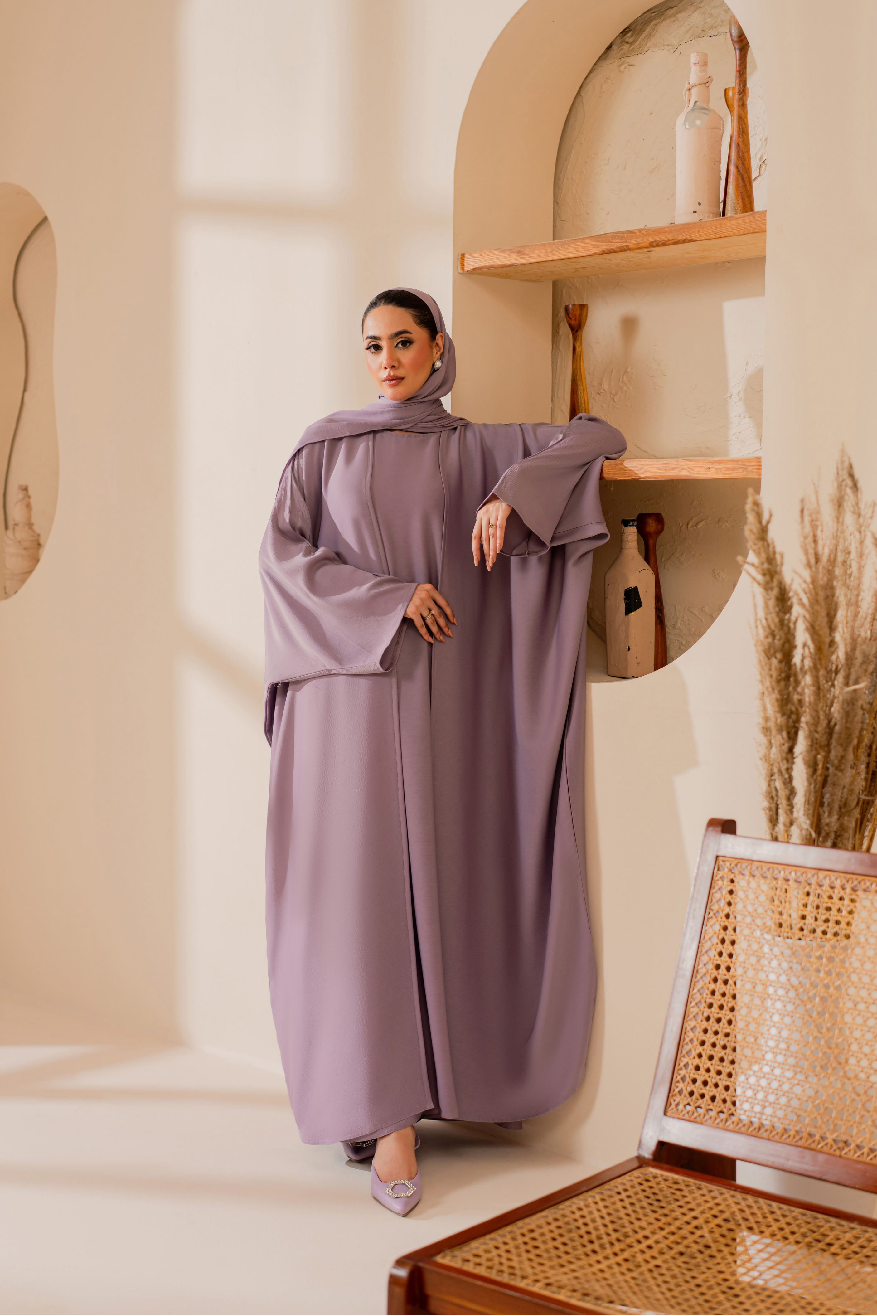 Purple front open nida abaya with matching hijab