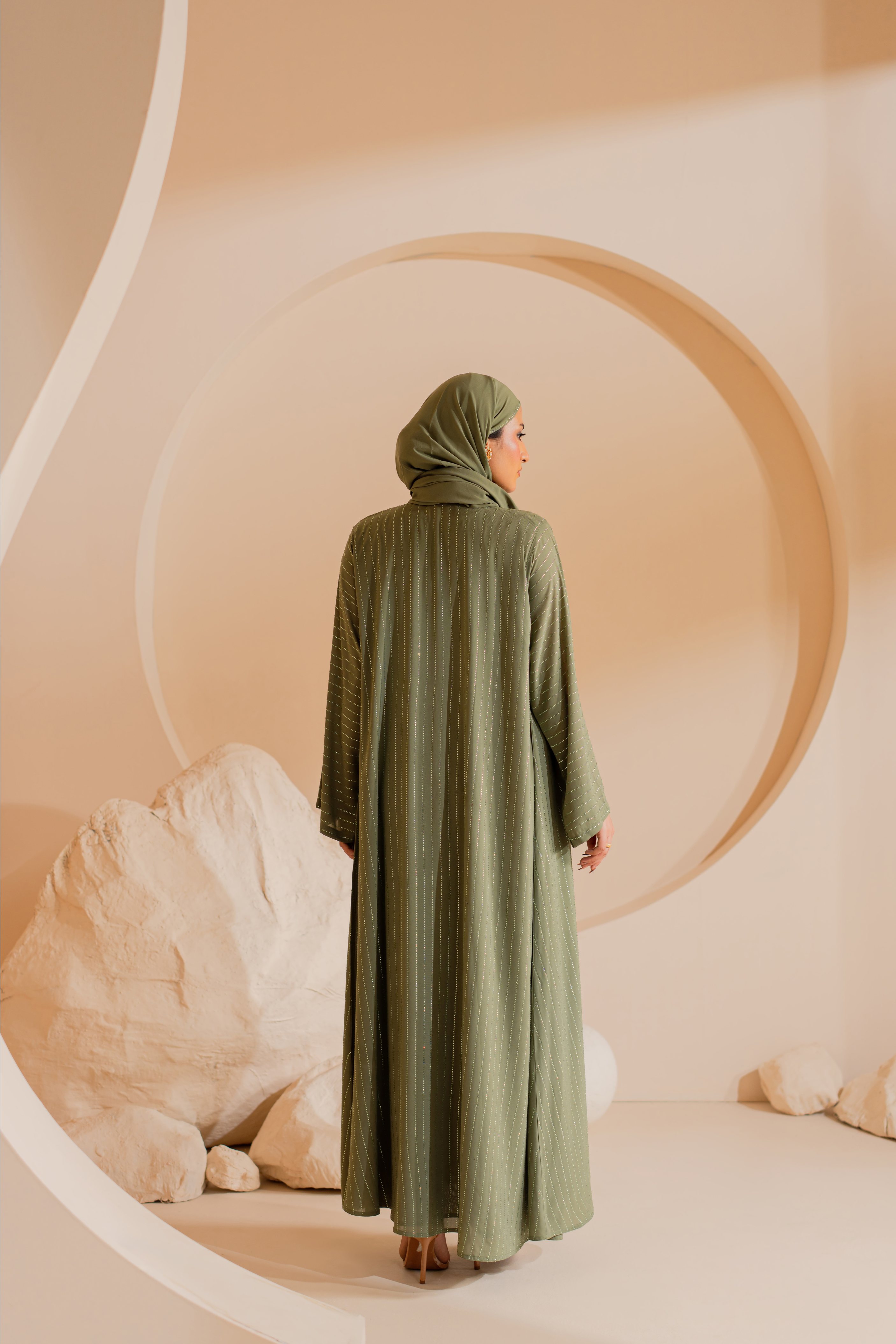 Green Chiffon Abaya with Handmade Stones and Matching Hijab