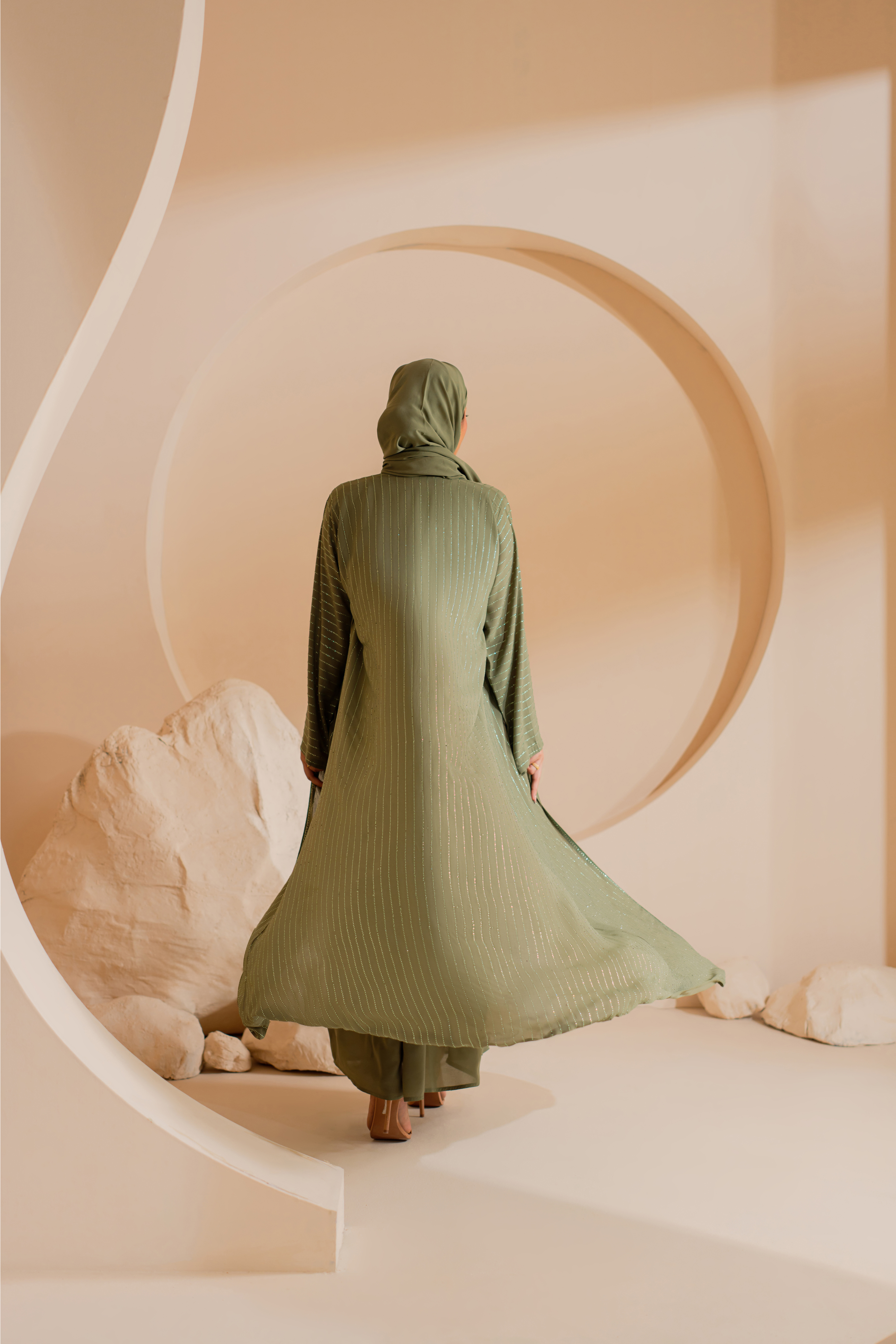 Green Chiffon Abaya with Handmade Stones and Matching Hijab