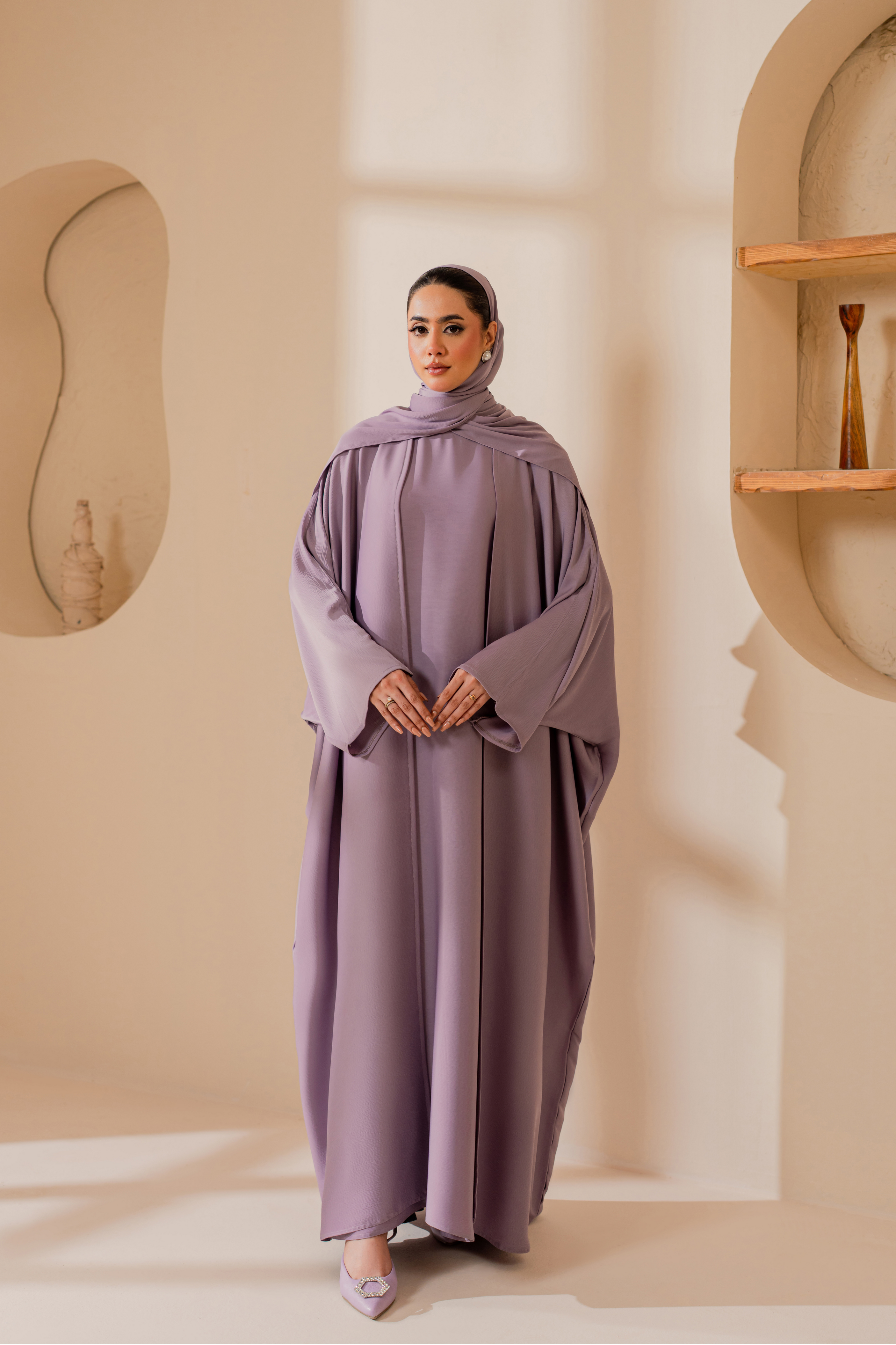 Purple front open nida abaya with matching hijab
