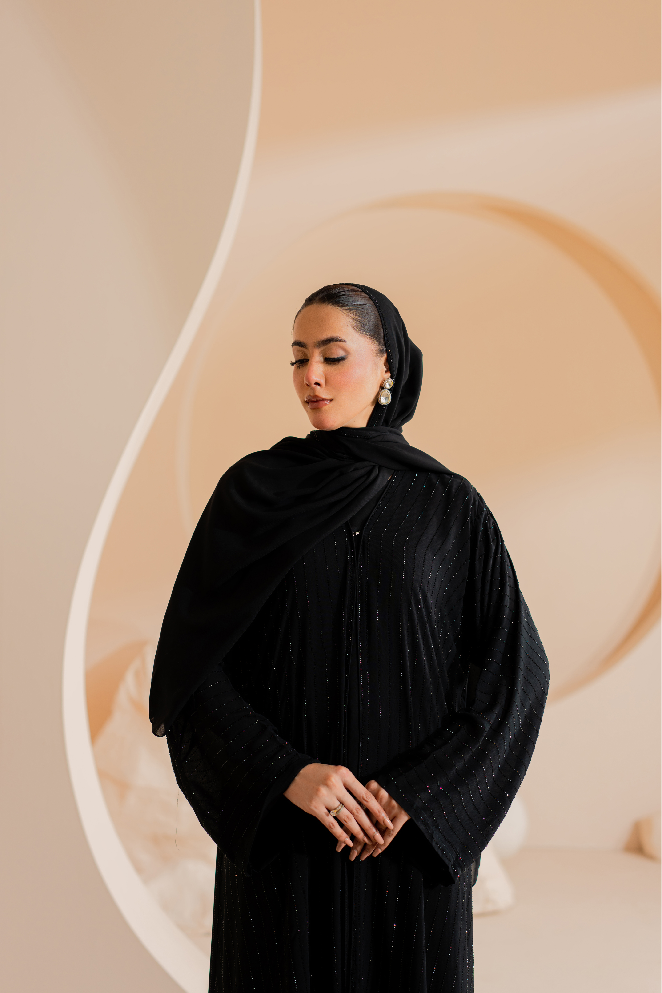 Black Chiffon Abaya with Handmade Stones and Matching Hijab