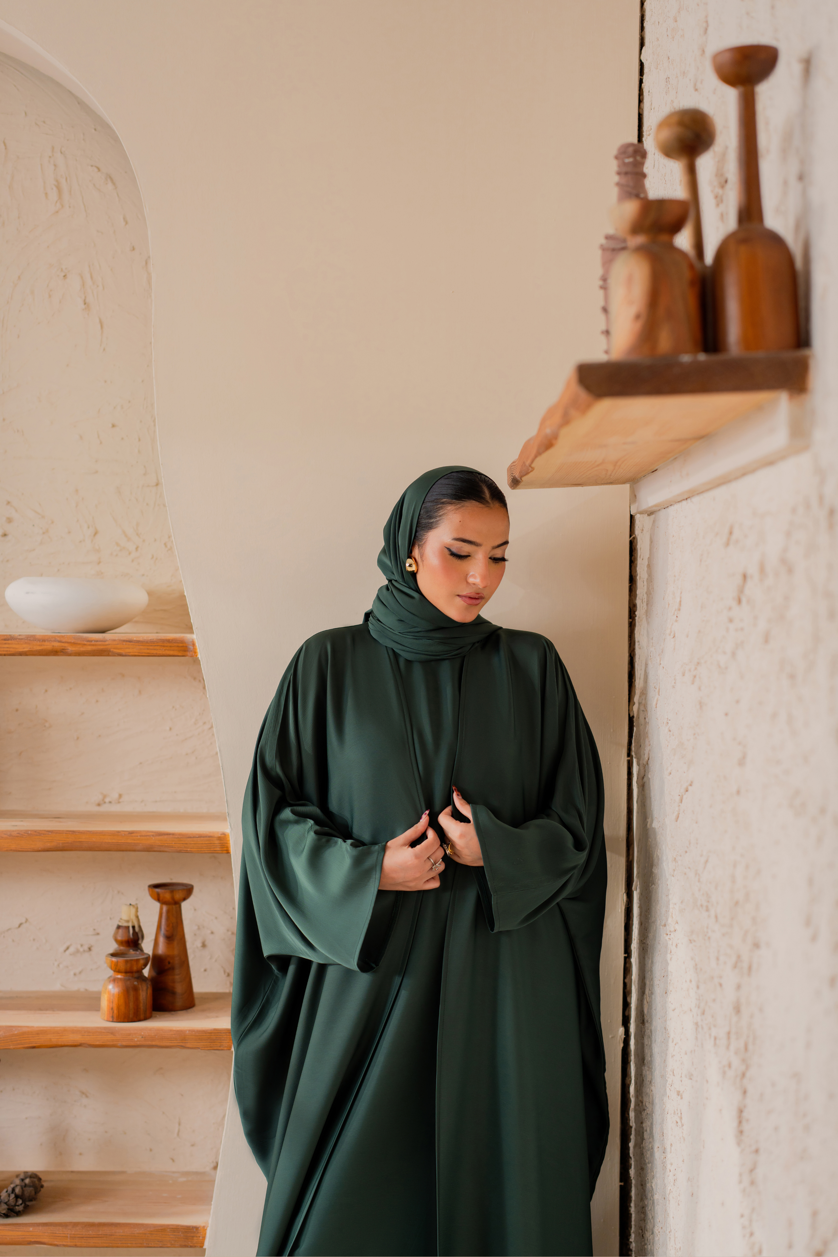 Green front open nida abaya with matching hijab