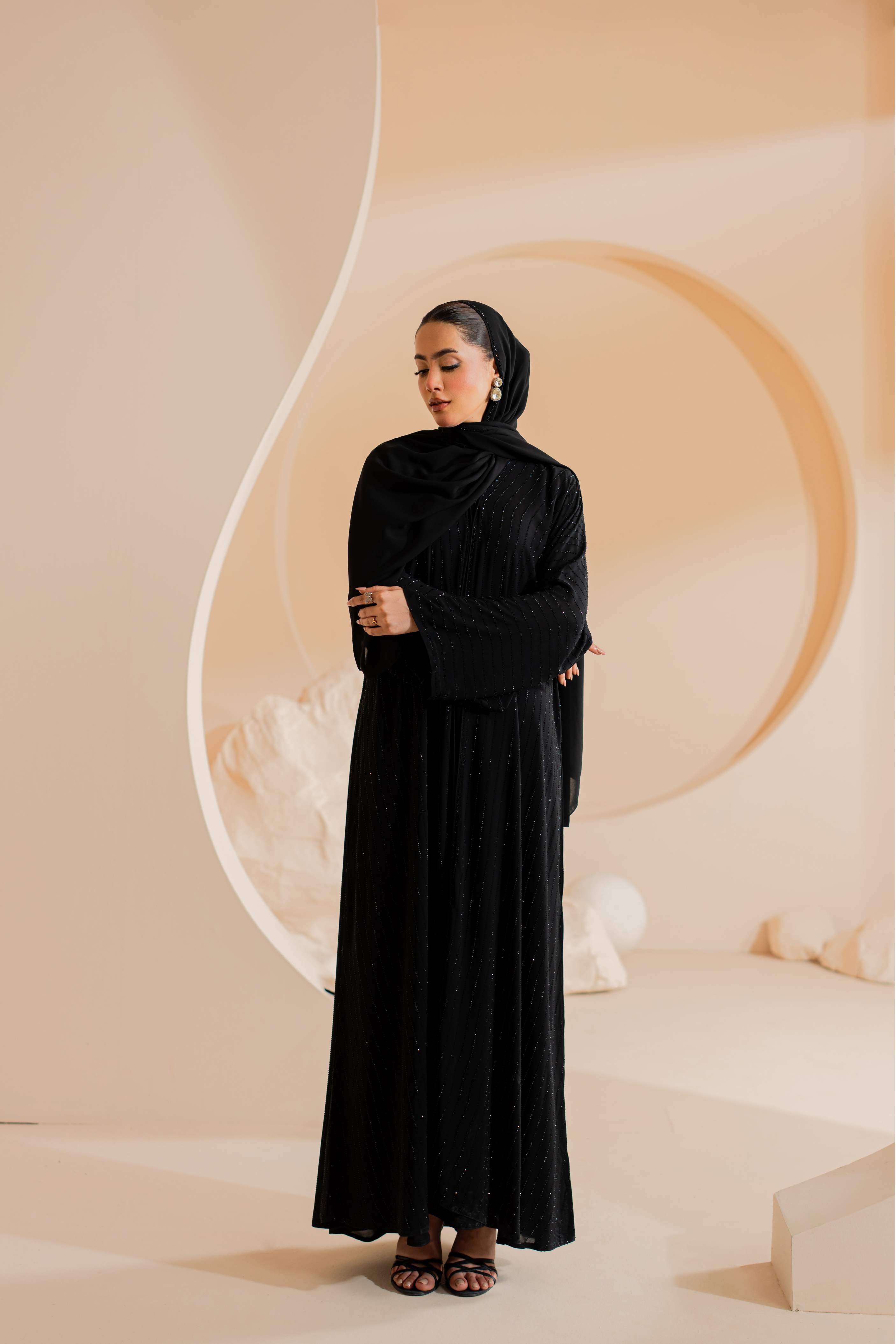 Black Chiffon Abaya with Handmade Stones and Matching Hijab