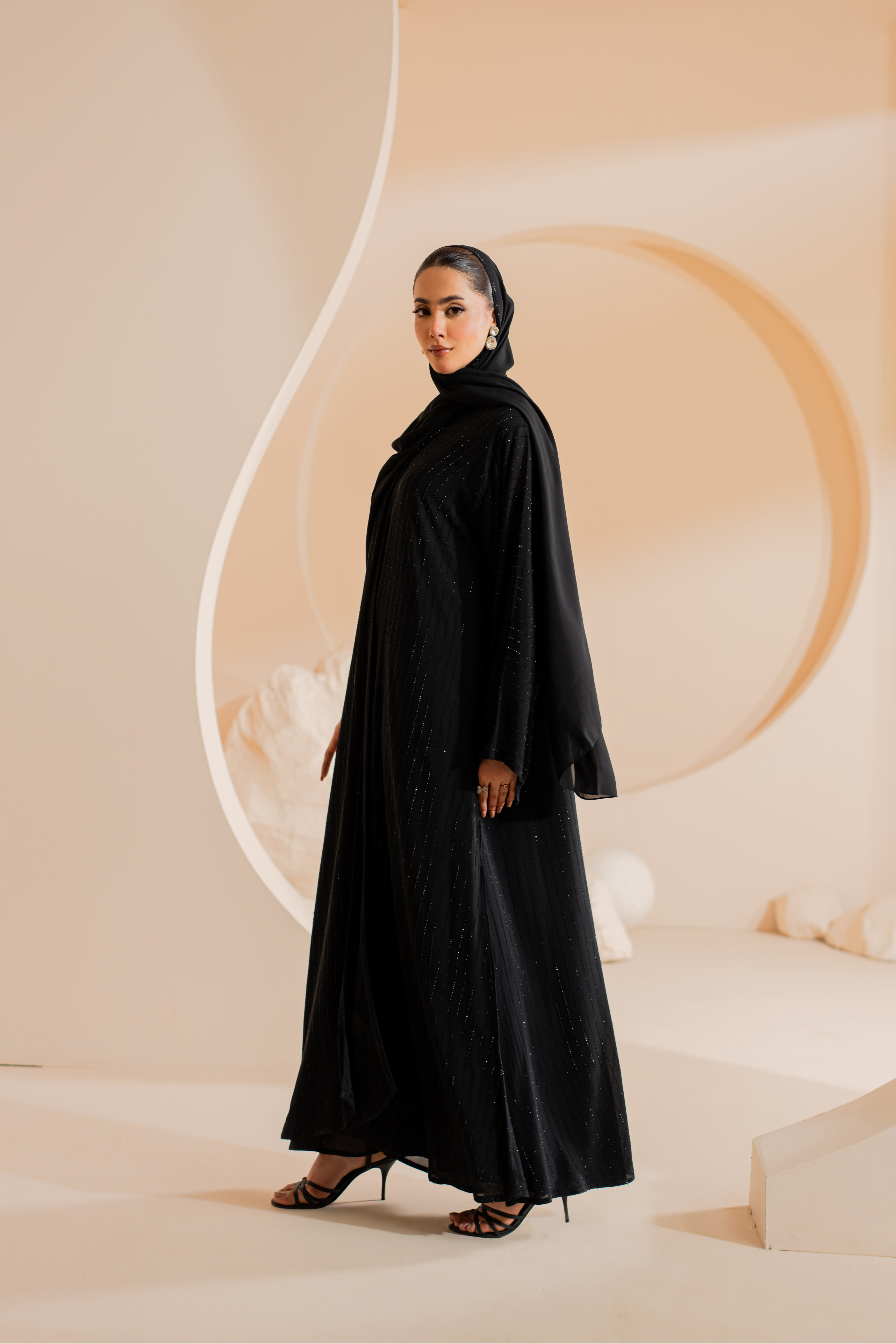 Black Chiffon Abaya with Handmade Stones and Matching Hijab