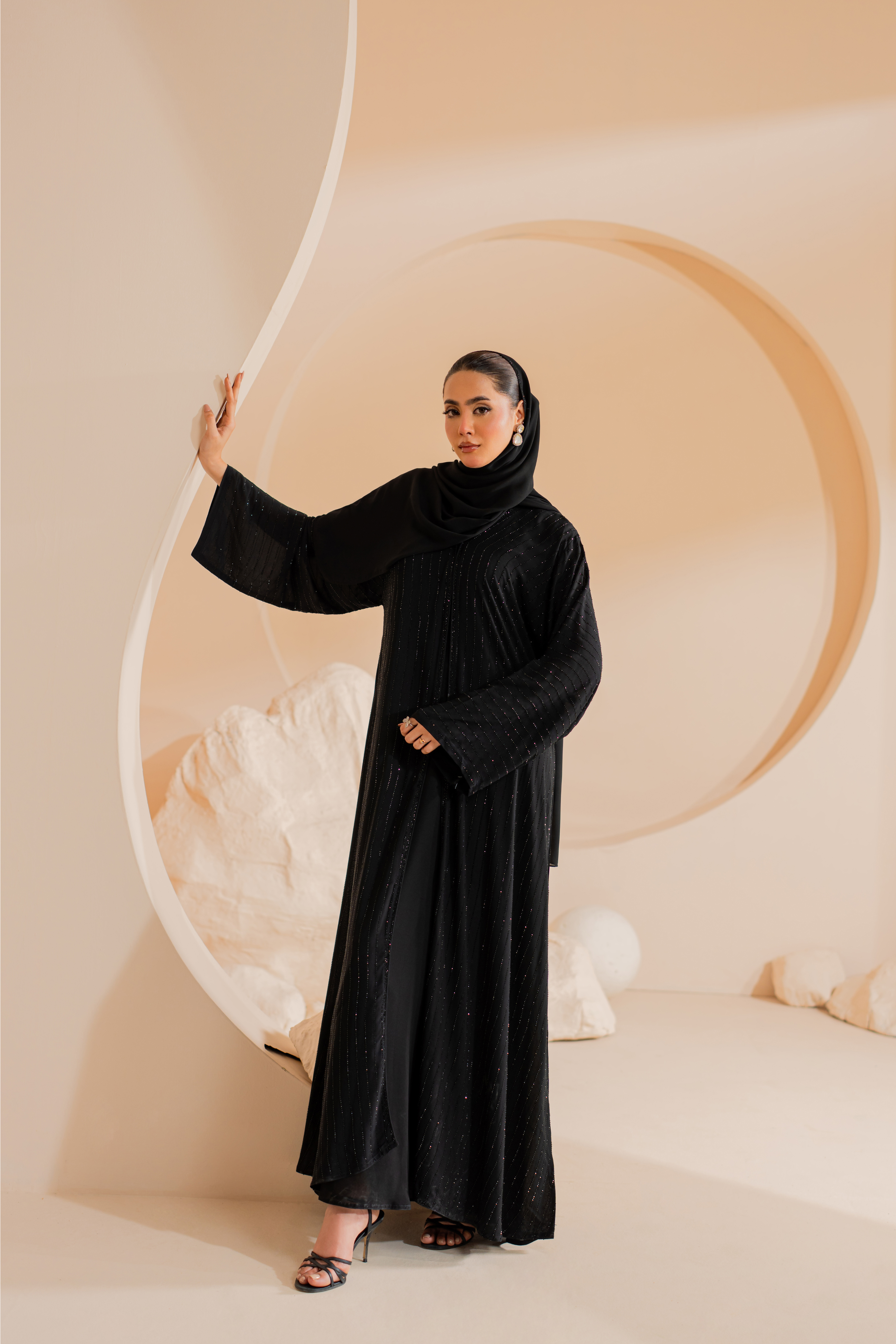 Black Chiffon Abaya with Handmade Stones and Matching Hijab