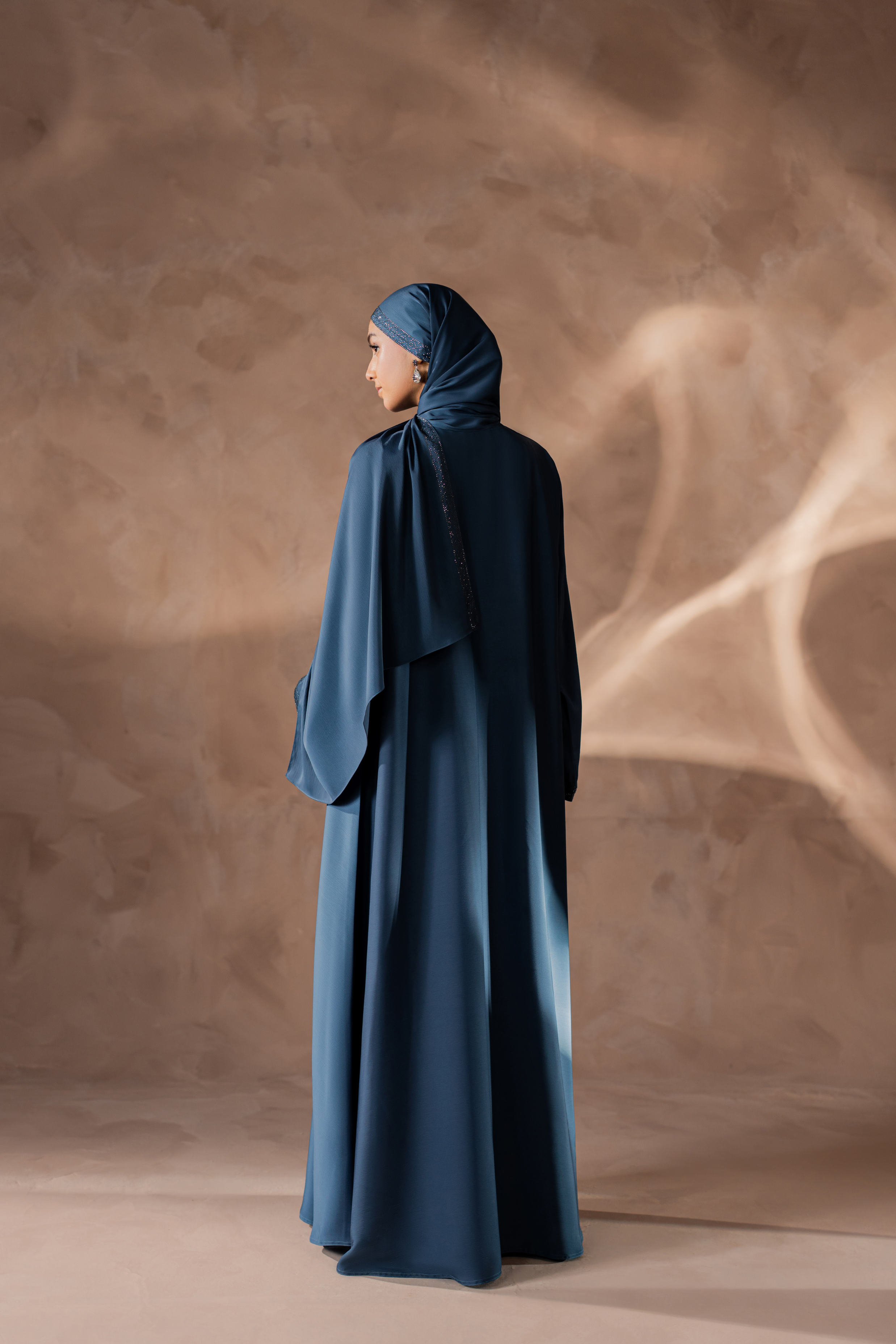 Blue Romantic Nida Front-Open Abaya with Inner, Handmade Stone Work & Matching Hijab
