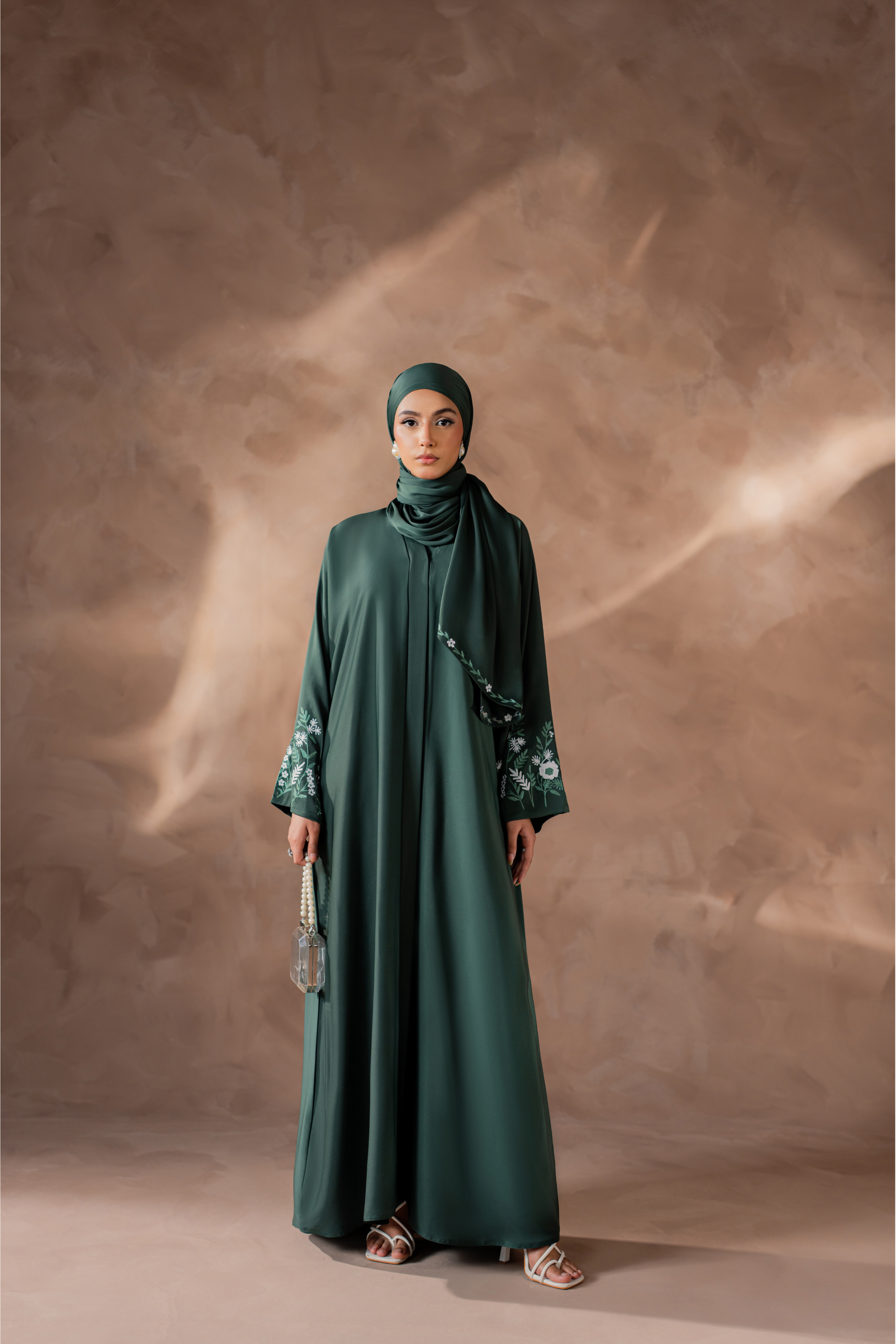 green nida front open abaya with matching hijab