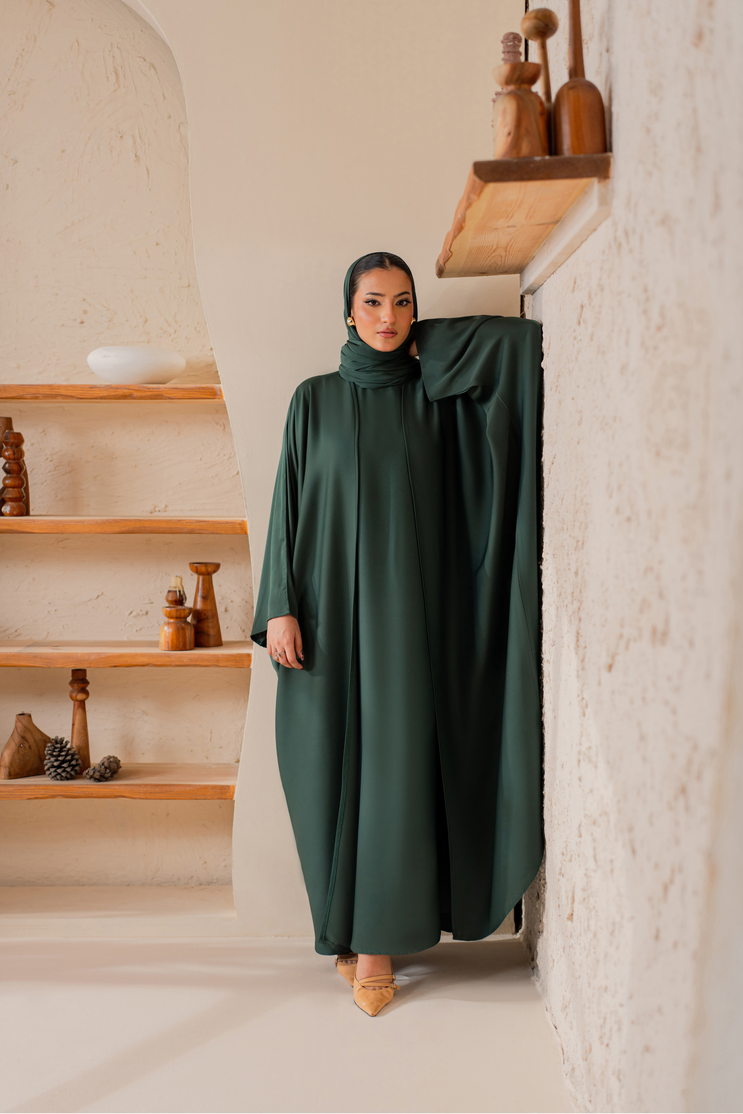 Green front open nida abaya with matching hijab