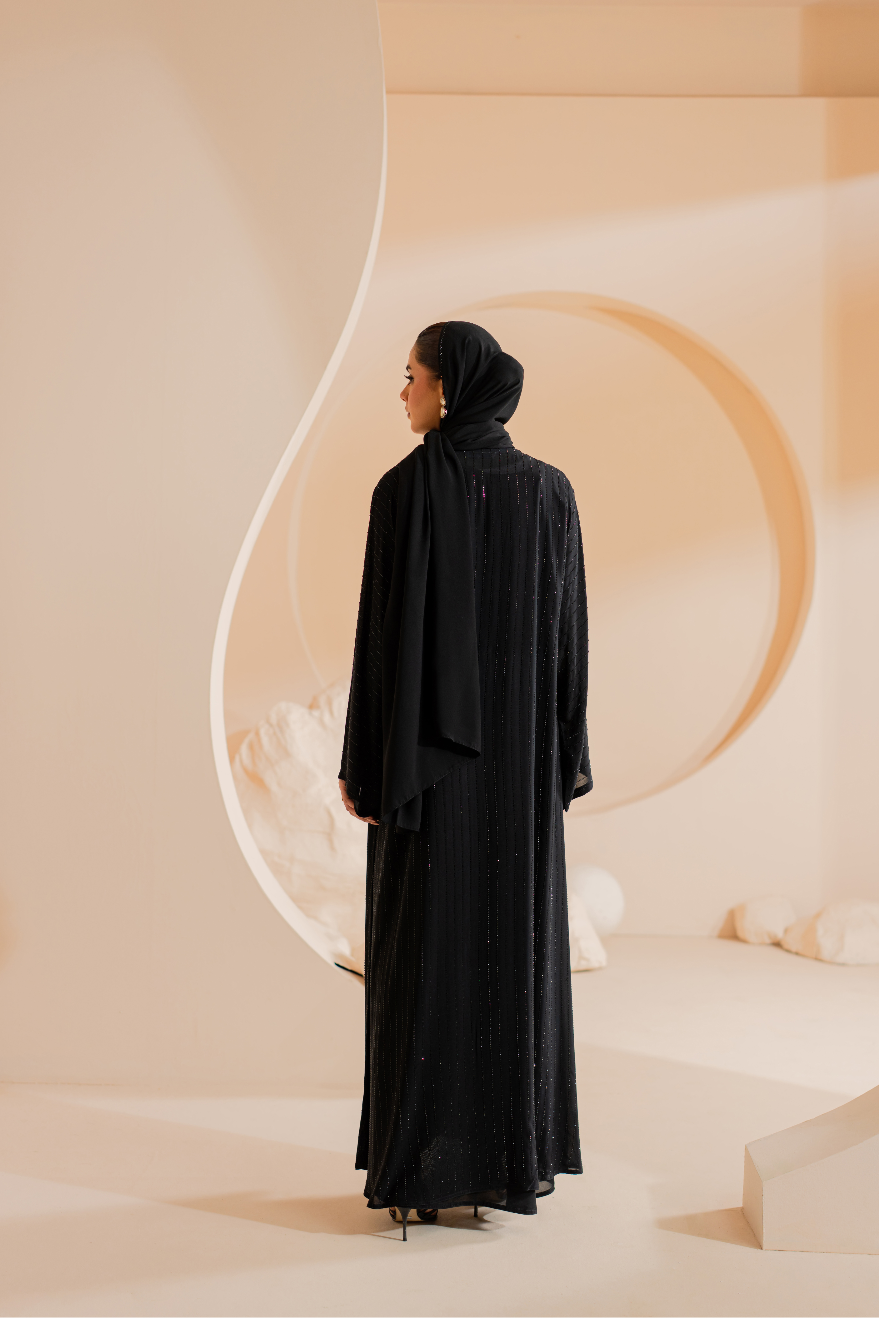 Black Chiffon Abaya with Handmade Stones and Matching Hijab