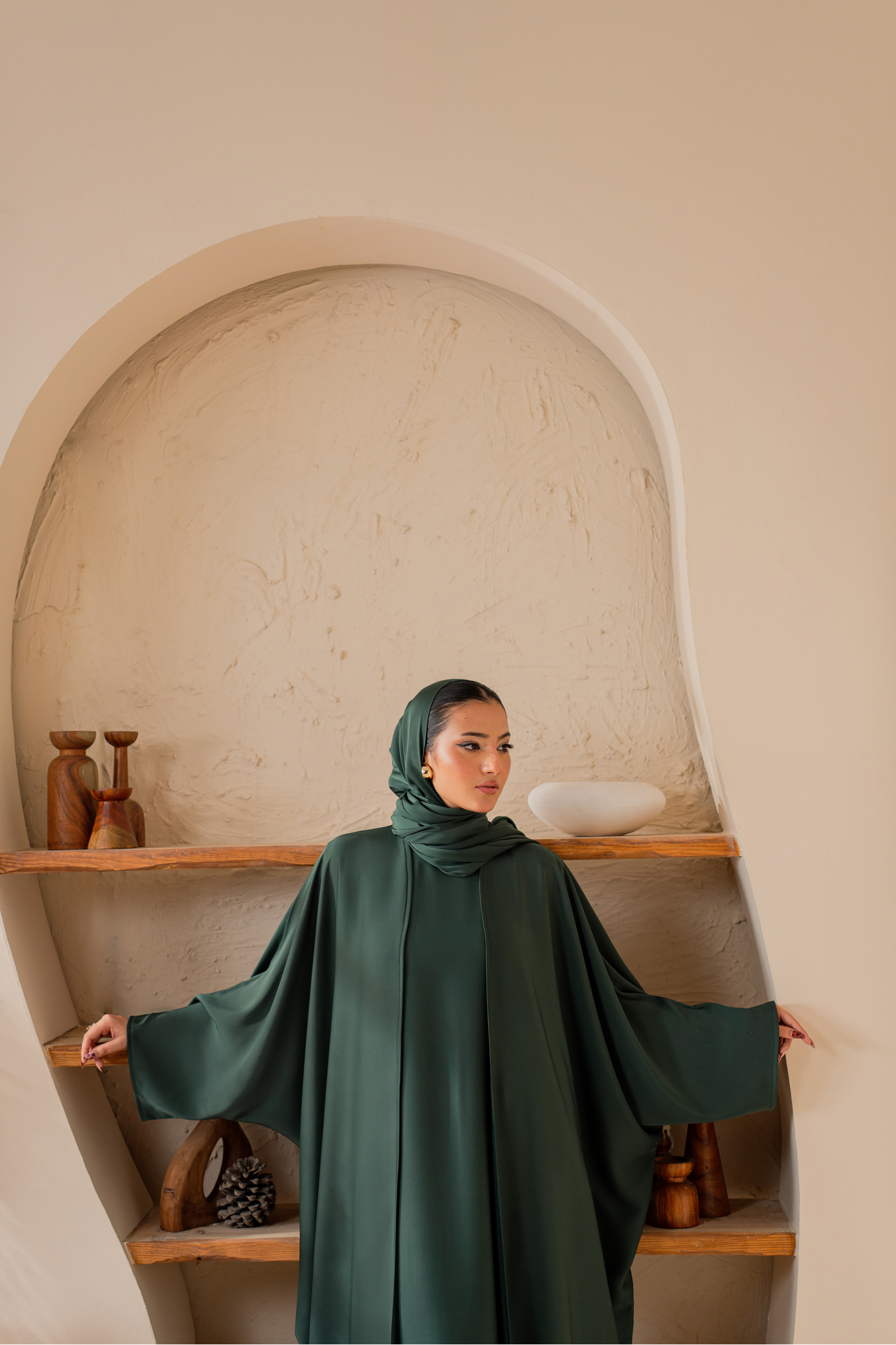 Green front open nida abaya with matching hijab