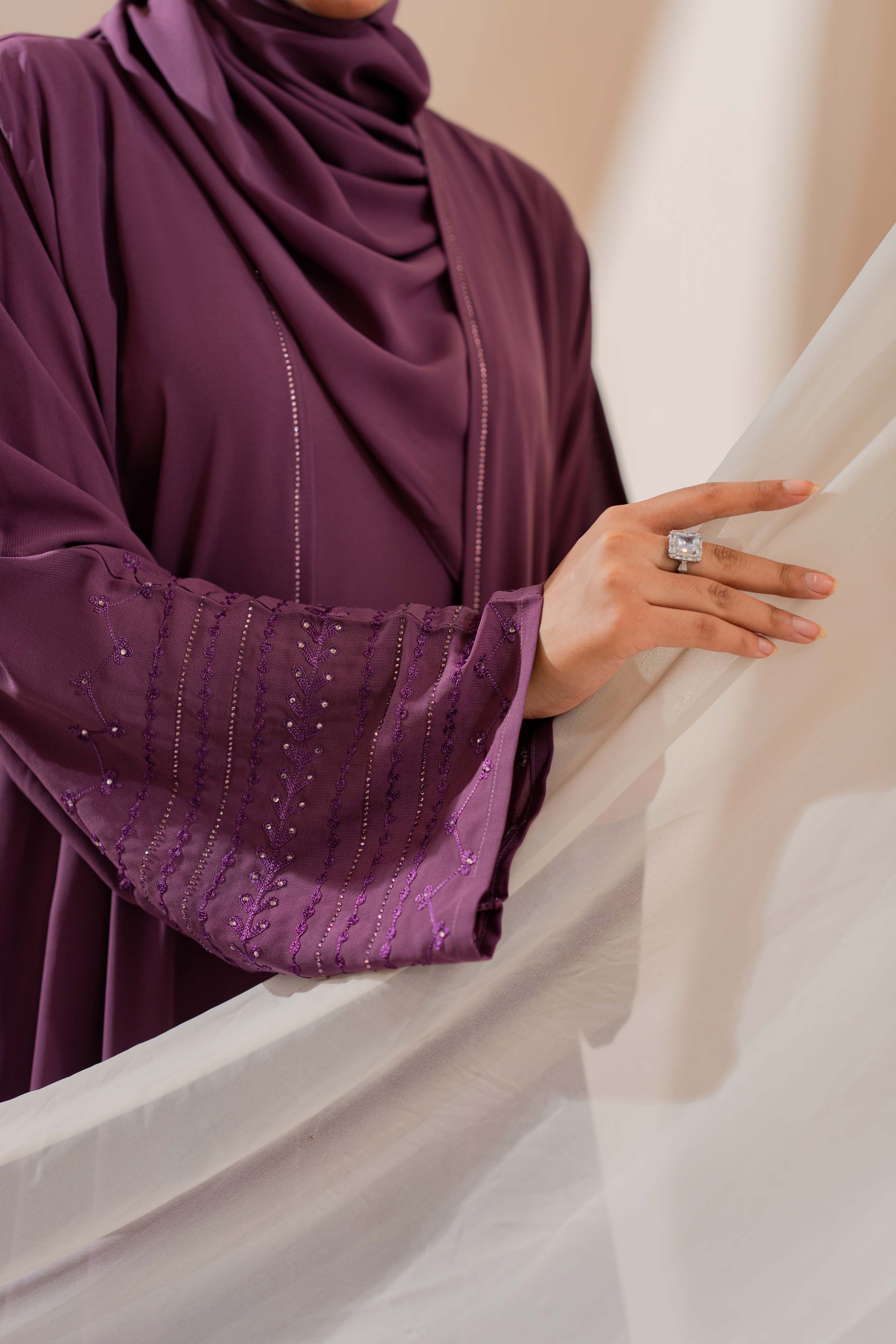 Dark Pink Chiffon Front-Open Abaya with Separate Inner, Sleeve Embroidery & Matching Hijab