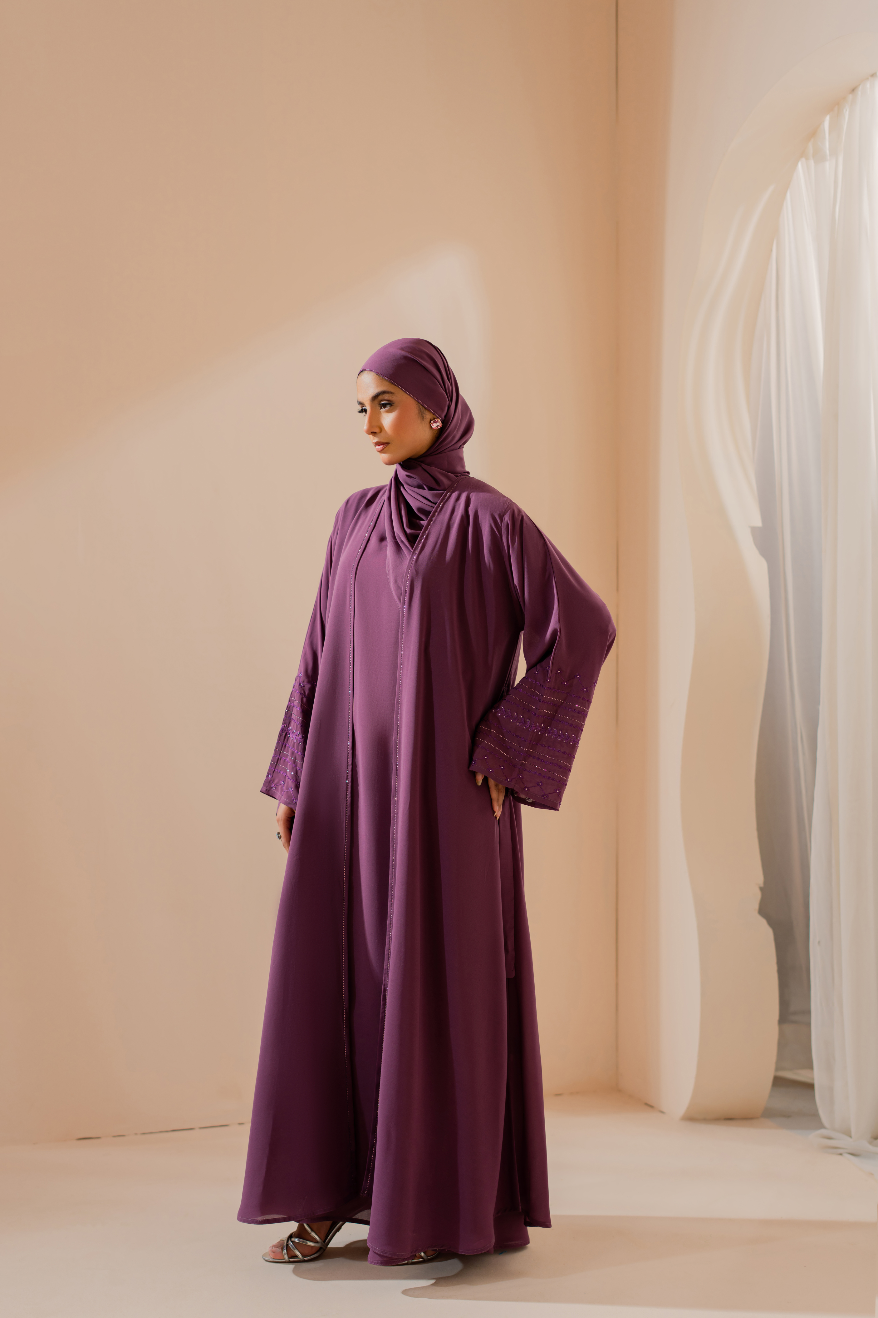 Dark Pink Chiffon Front-Open Abaya with Separate Inner, Sleeve Embroidery & Matching Hijab