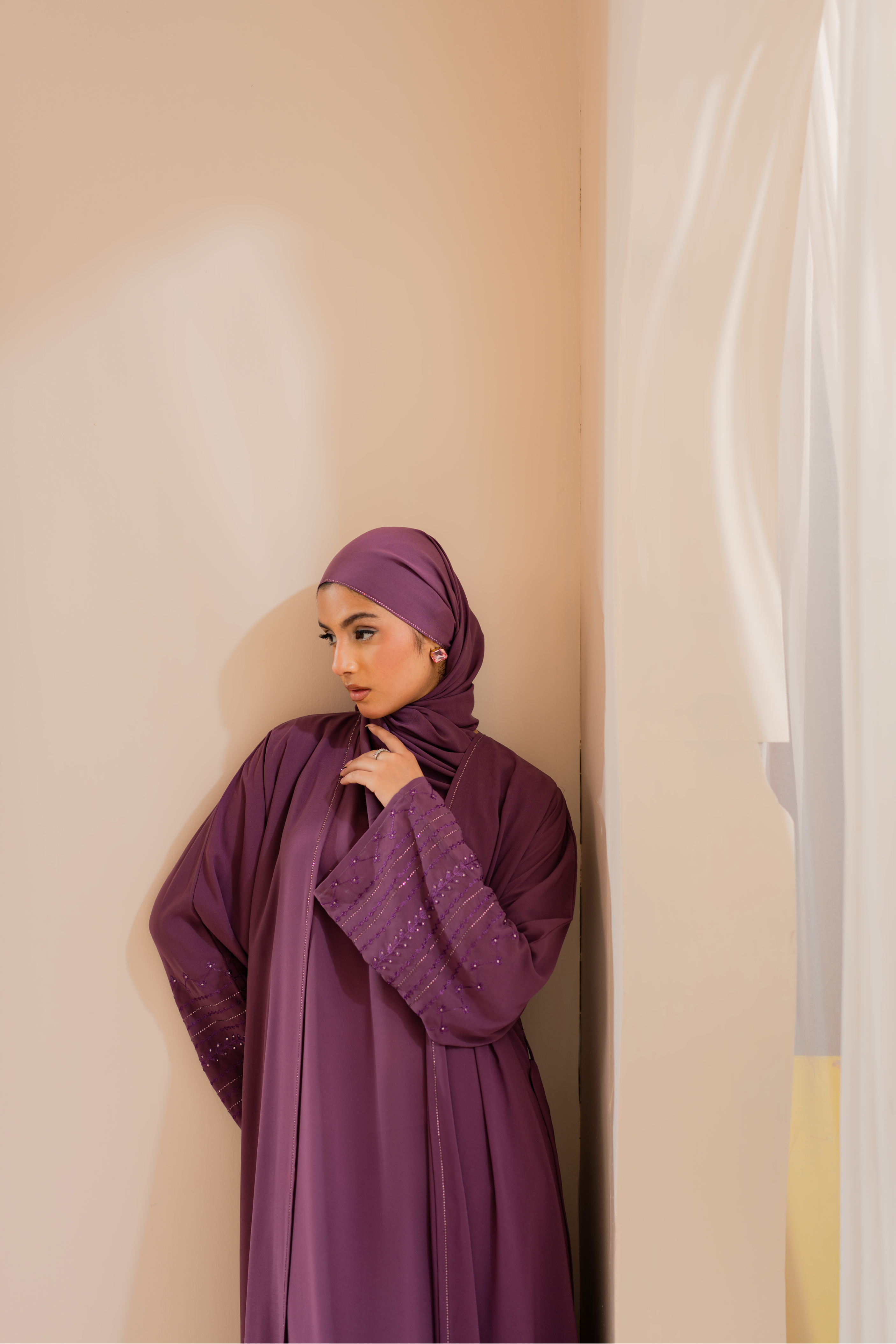 Dark Pink Chiffon Front-Open Abaya with Separate Inner, Sleeve Embroidery & Matching Hijab