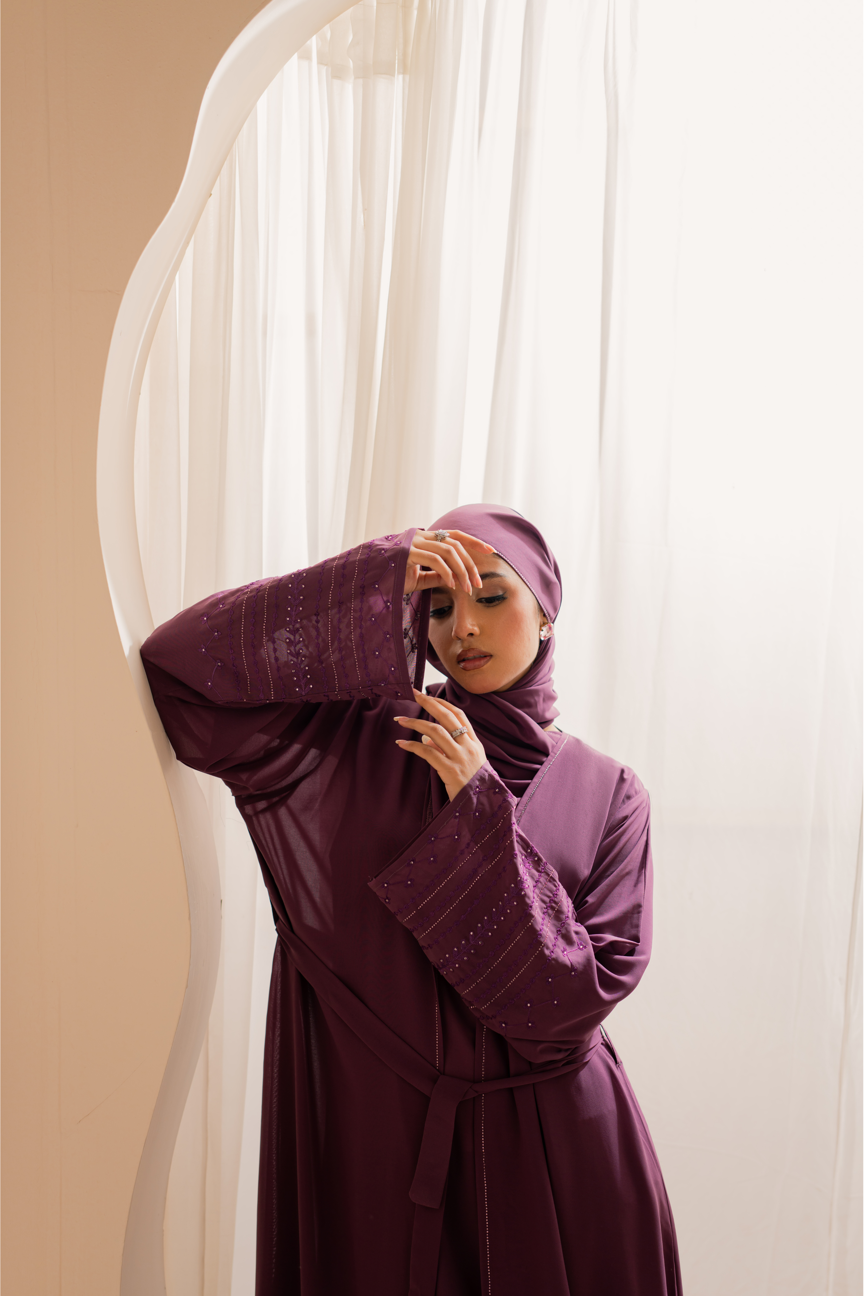 Dark Pink Chiffon Front-Open Abaya with Separate Inner, Sleeve Embroidery & Matching Hijab