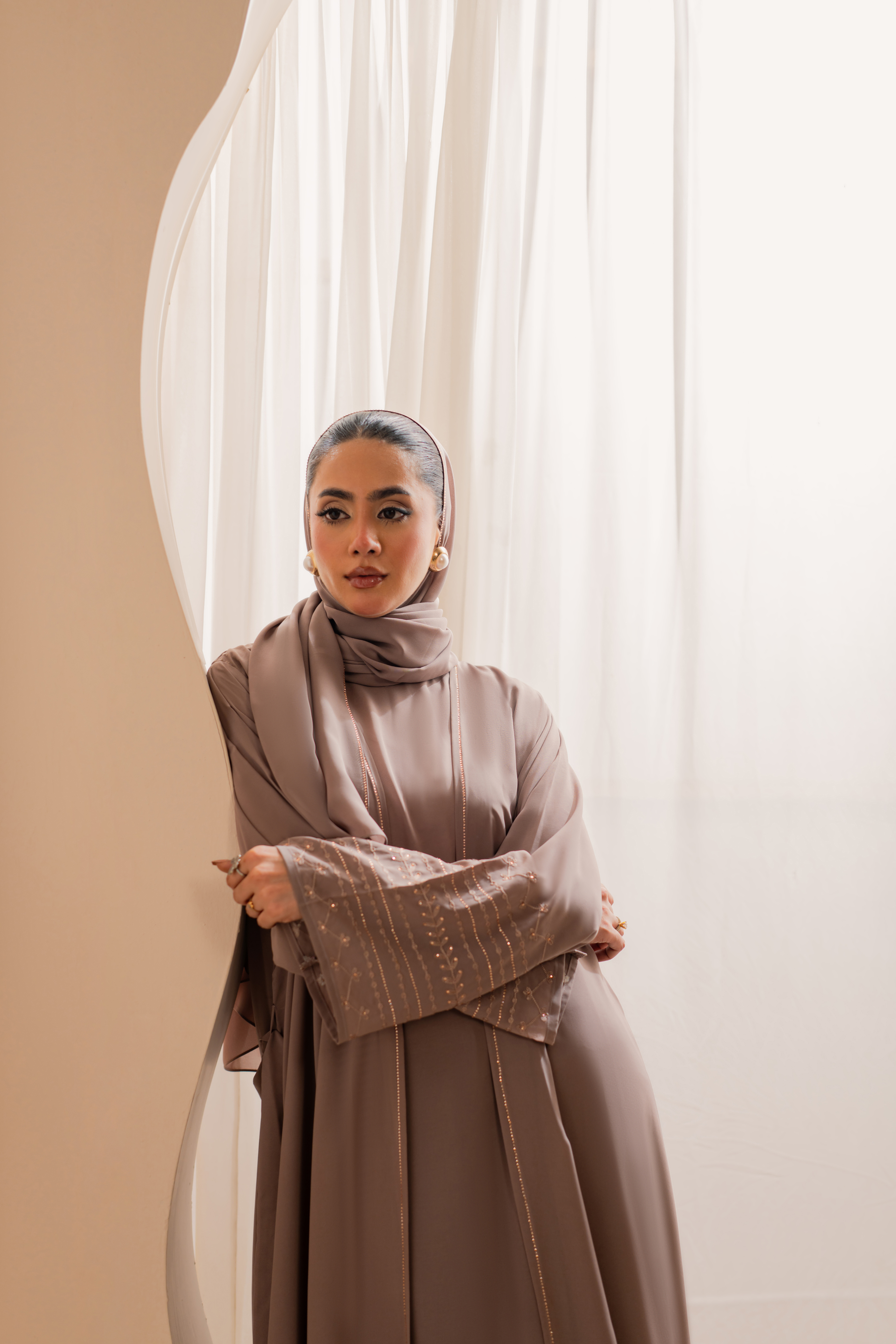 Peech Embroidered front open abaya with matching Hijab