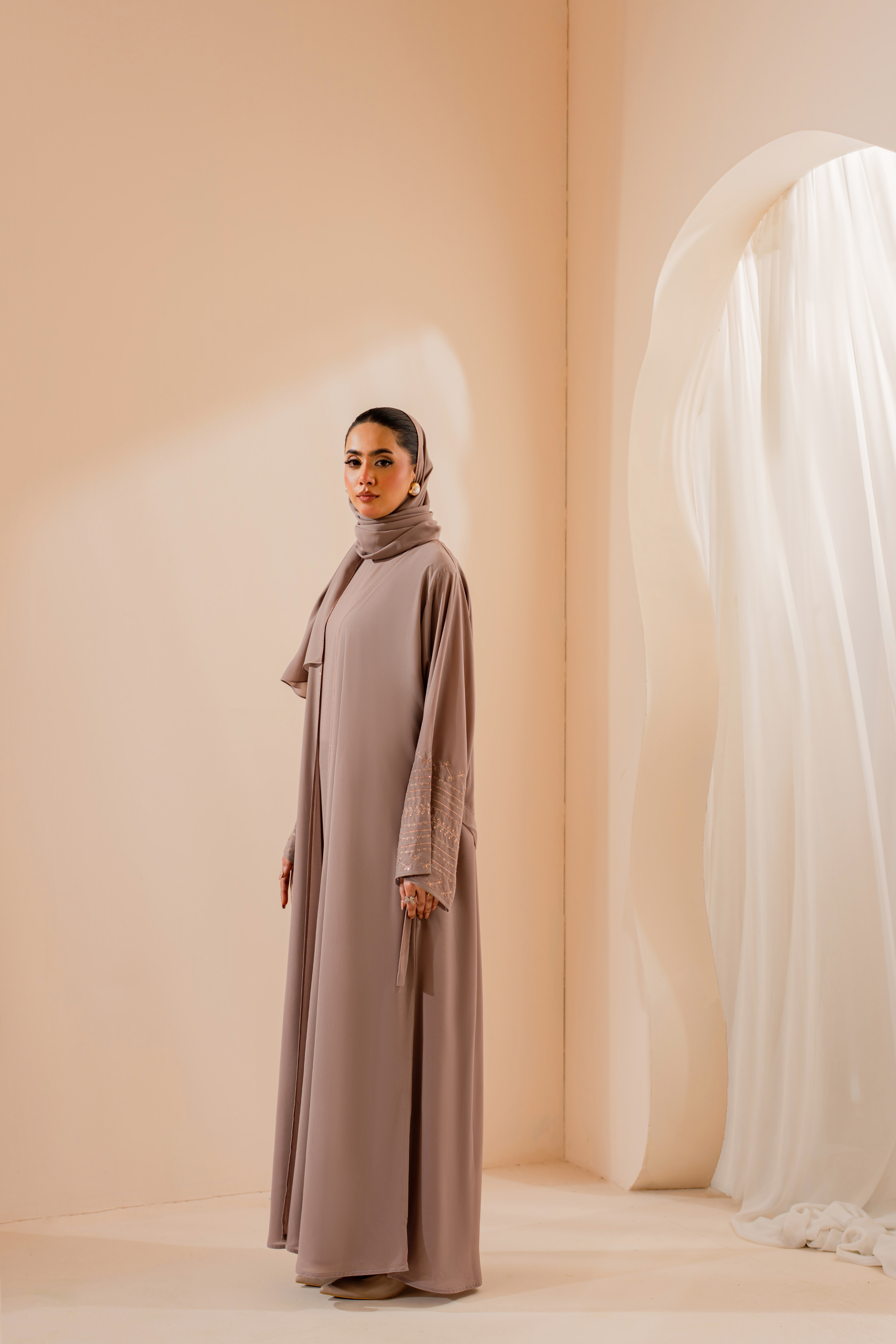 Peech Embroidered front open abaya with matching Hijab