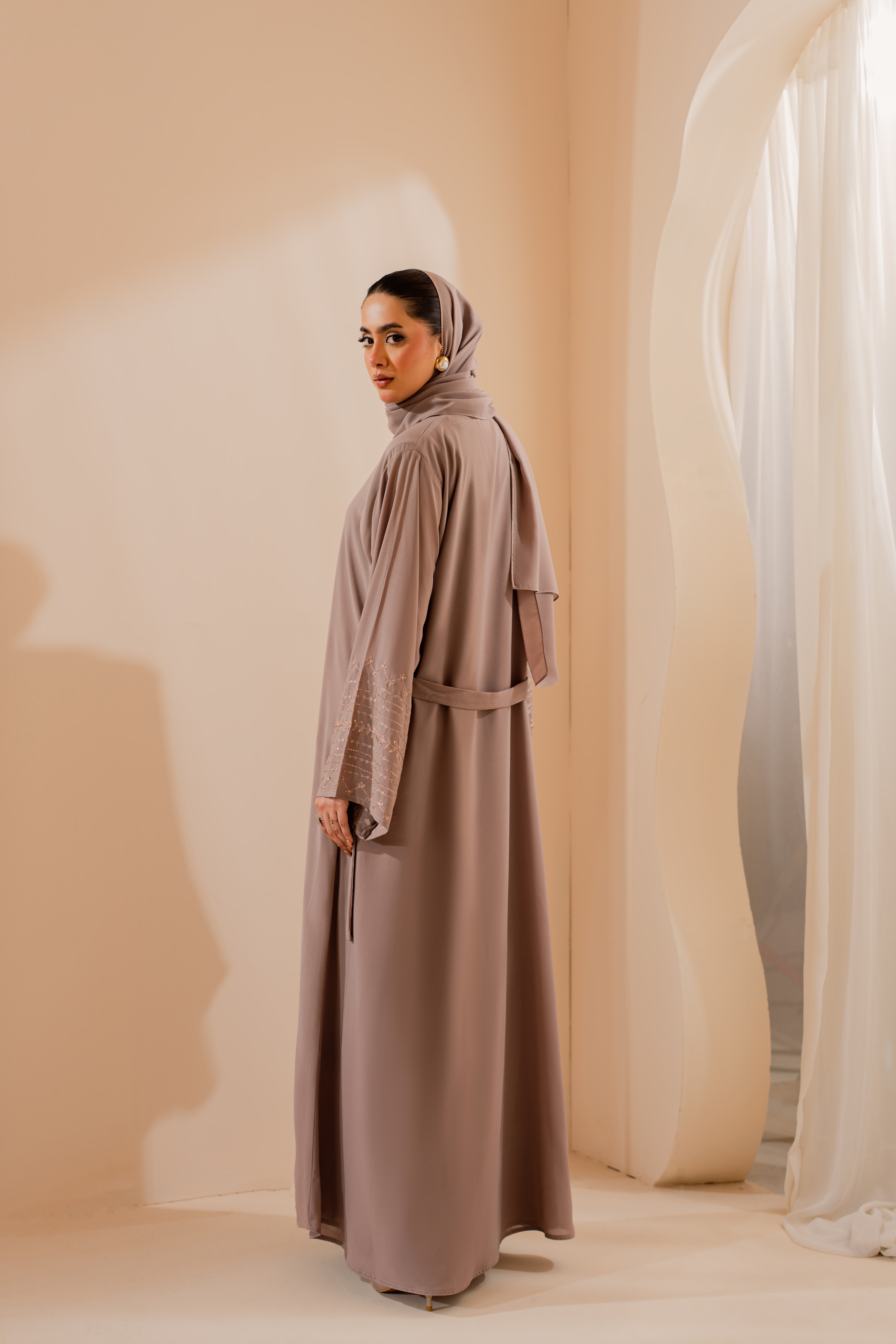 Peech Embroidered front open abaya with matching Hijab