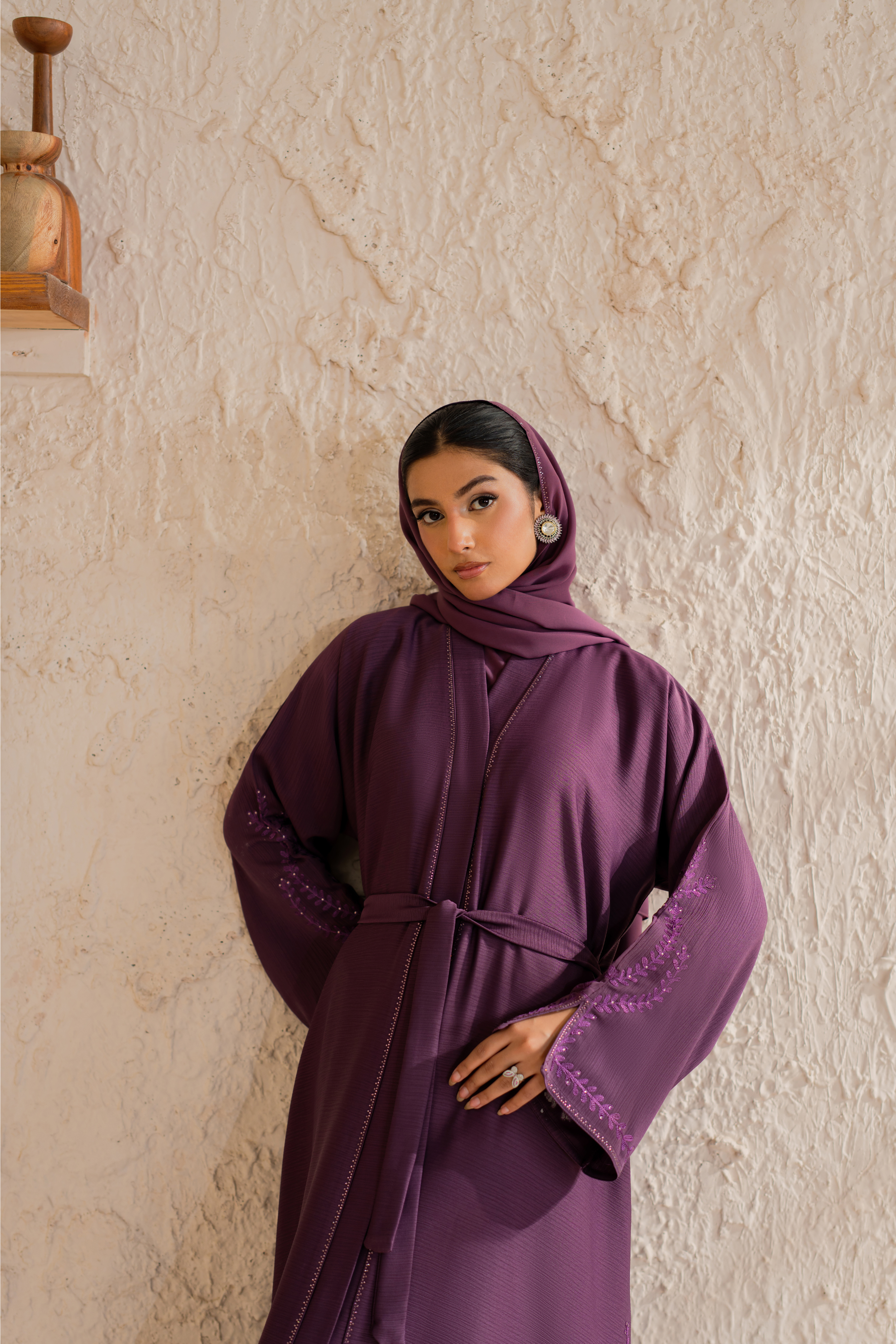 Purple nida front open abaya with matching hijab
