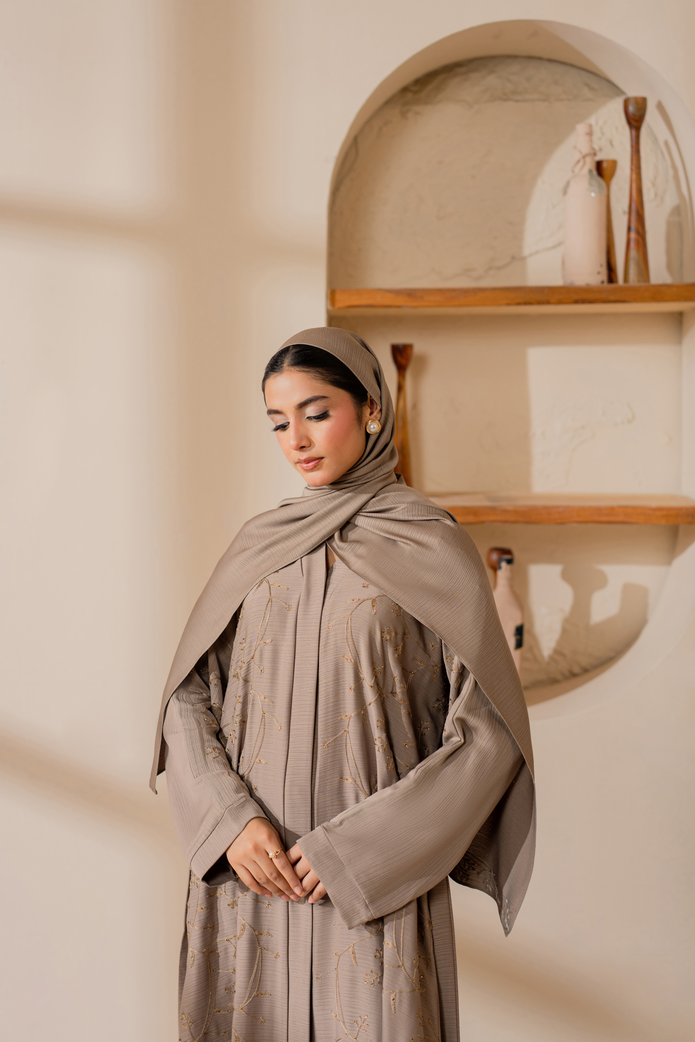 Skin Embroidered front open abaya with matching Hijab