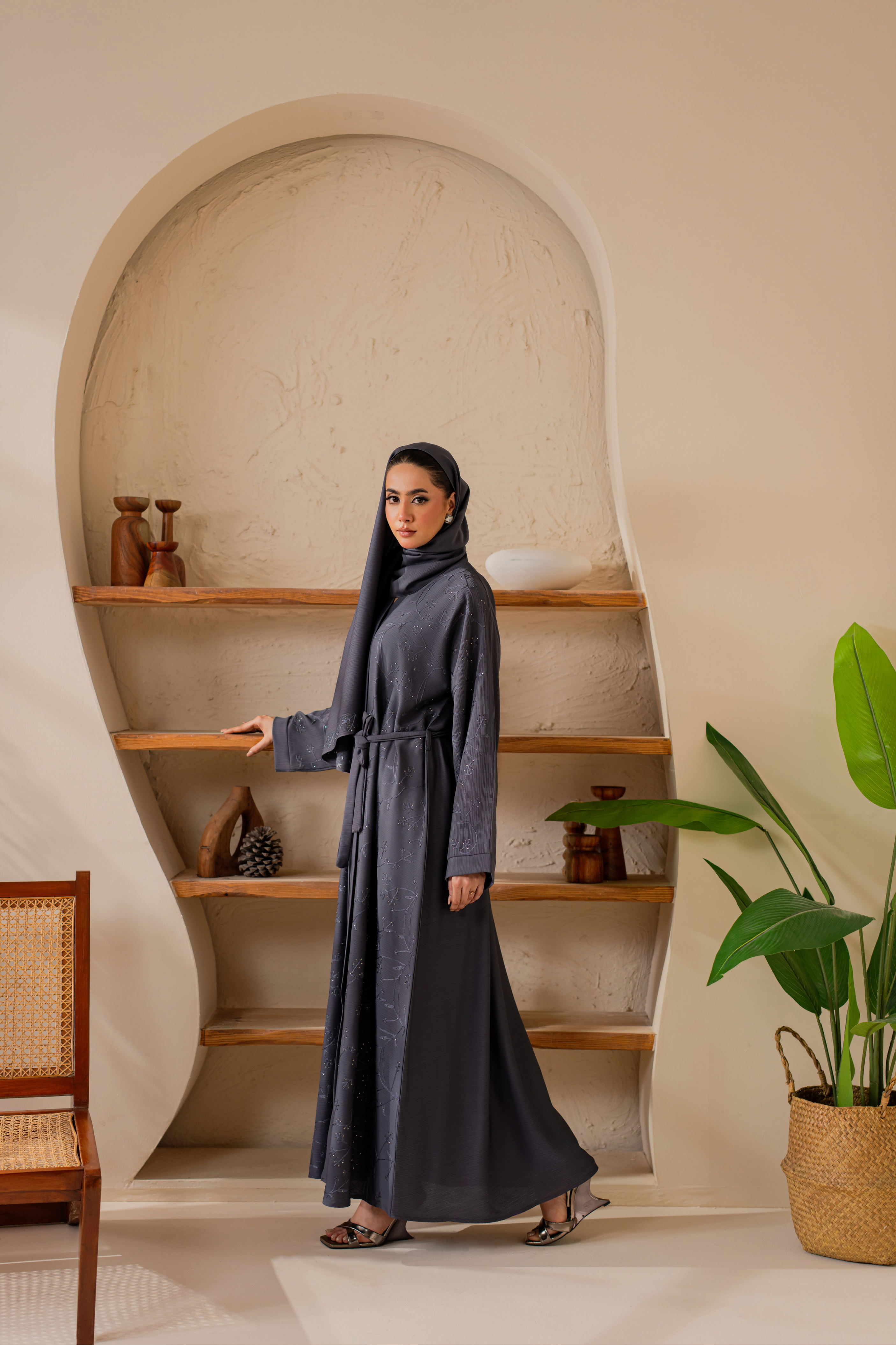 Gray Embroidered front open abaya with matching Hijab