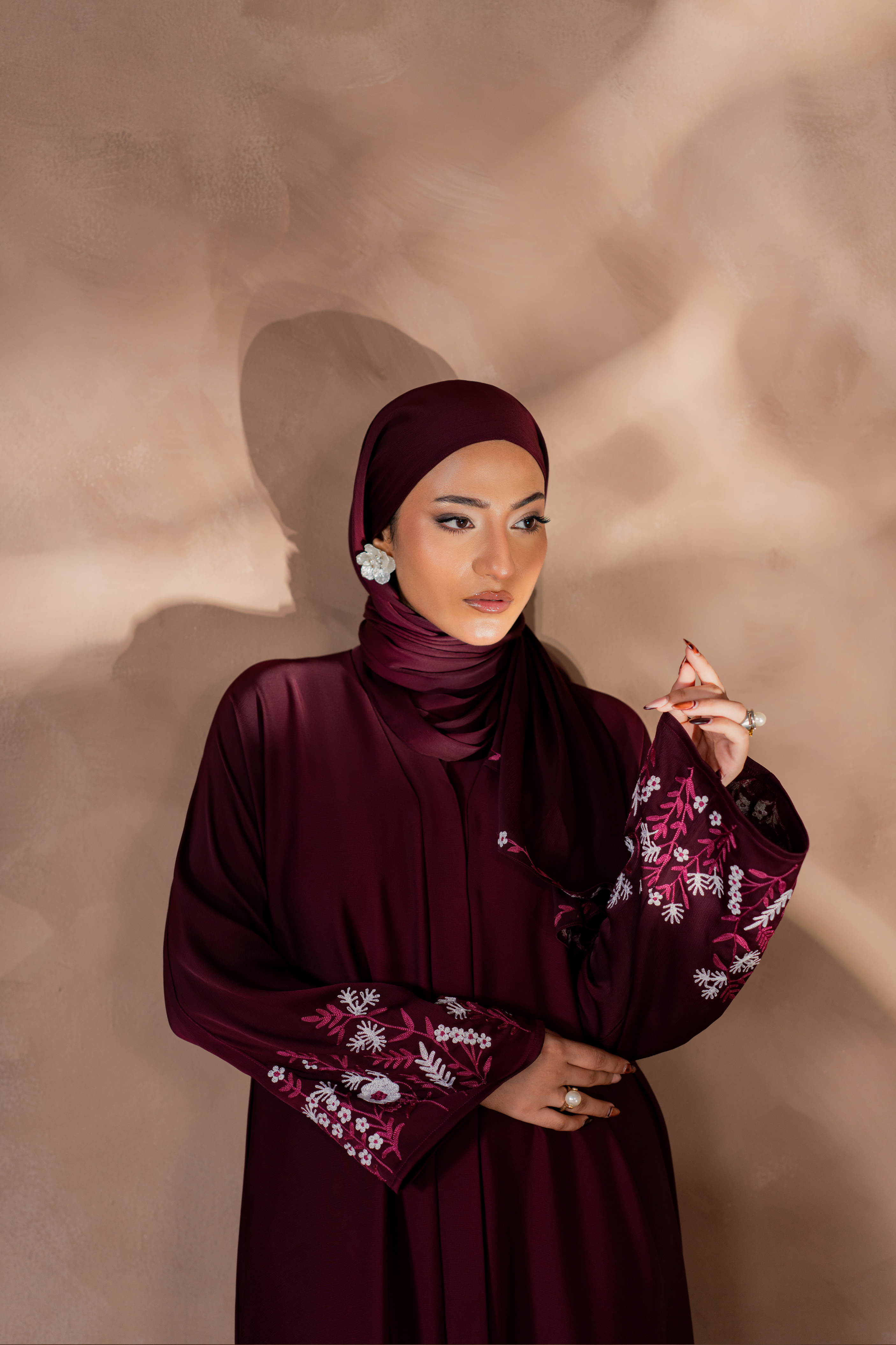 Maroon color front open nida abaya with matching hijab