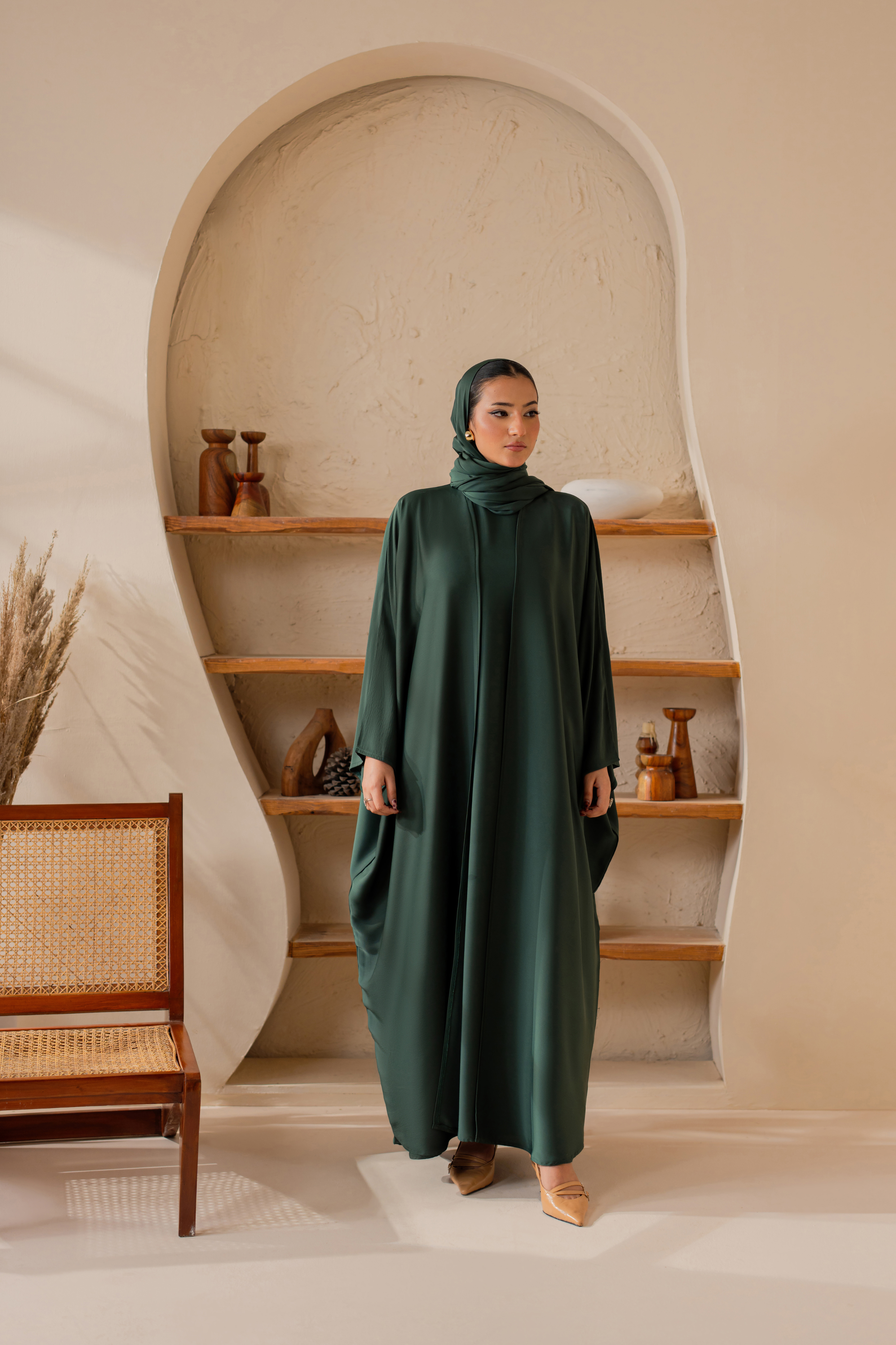 Green front open nida abaya with matching hijab