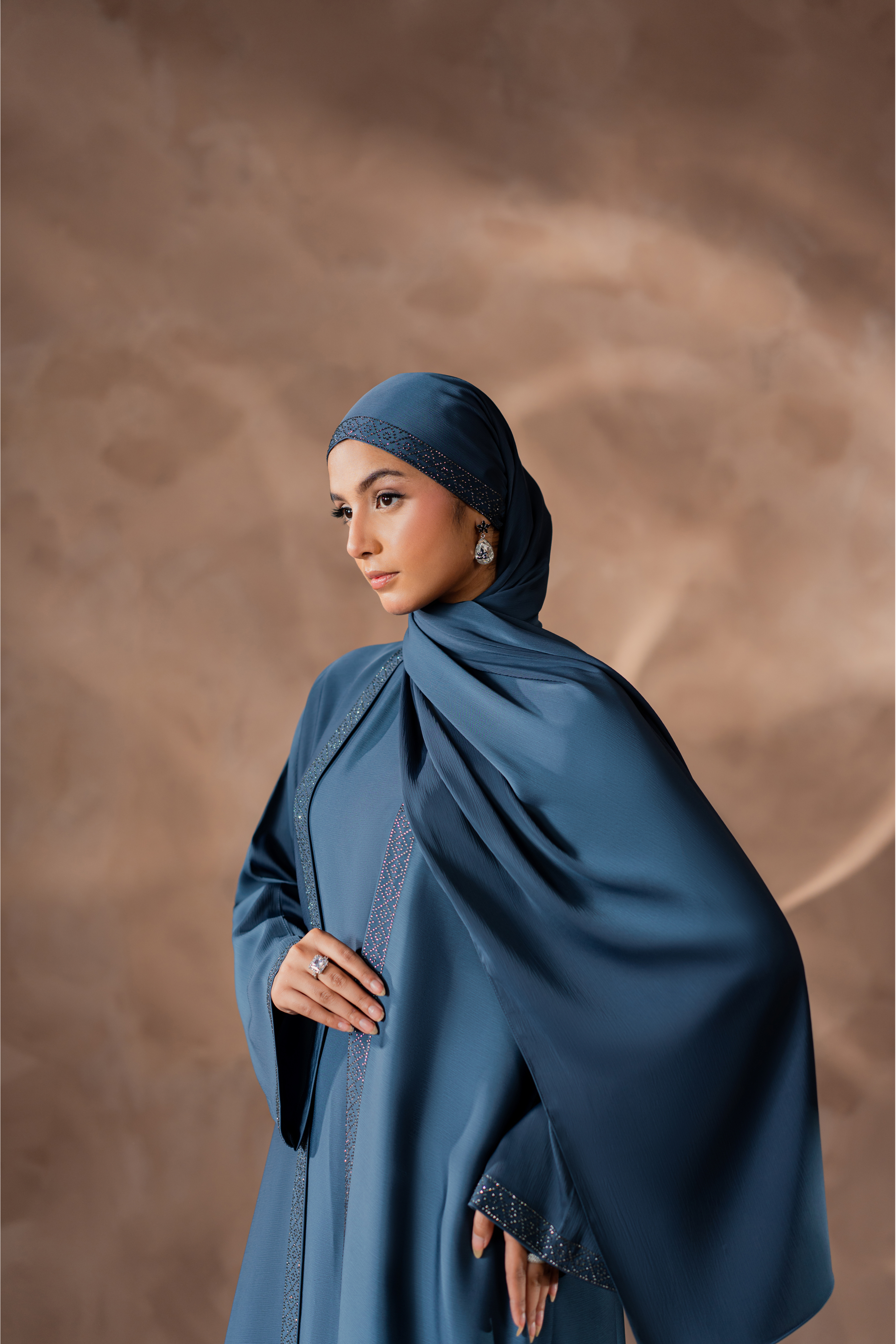 Blue Romantic Nida Front-Open Abaya with Inner, Handmade Stone Work & Matching Hijab