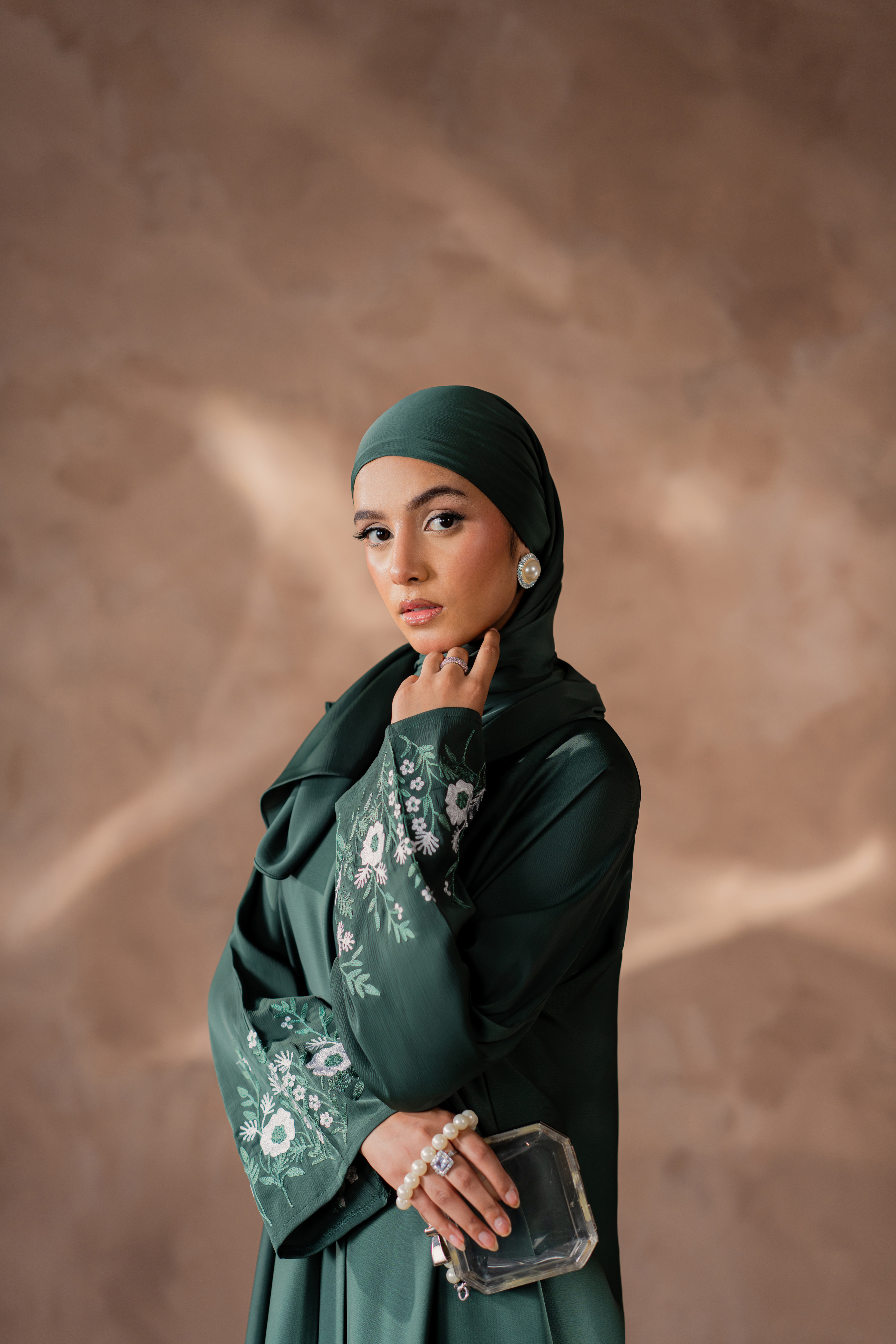 green nida front open abaya with matching hijab