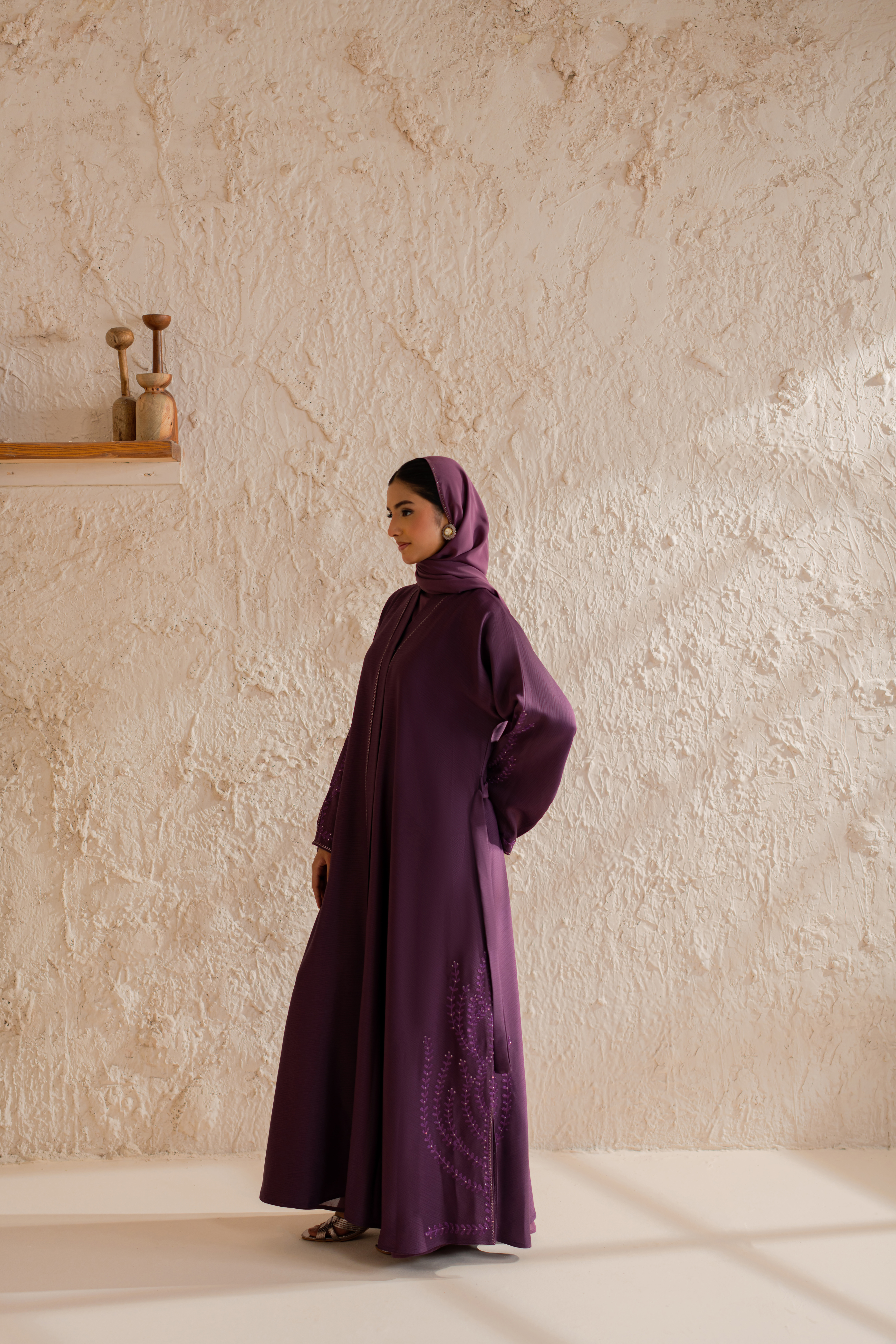 Purple nida front open abaya with matching hijab
